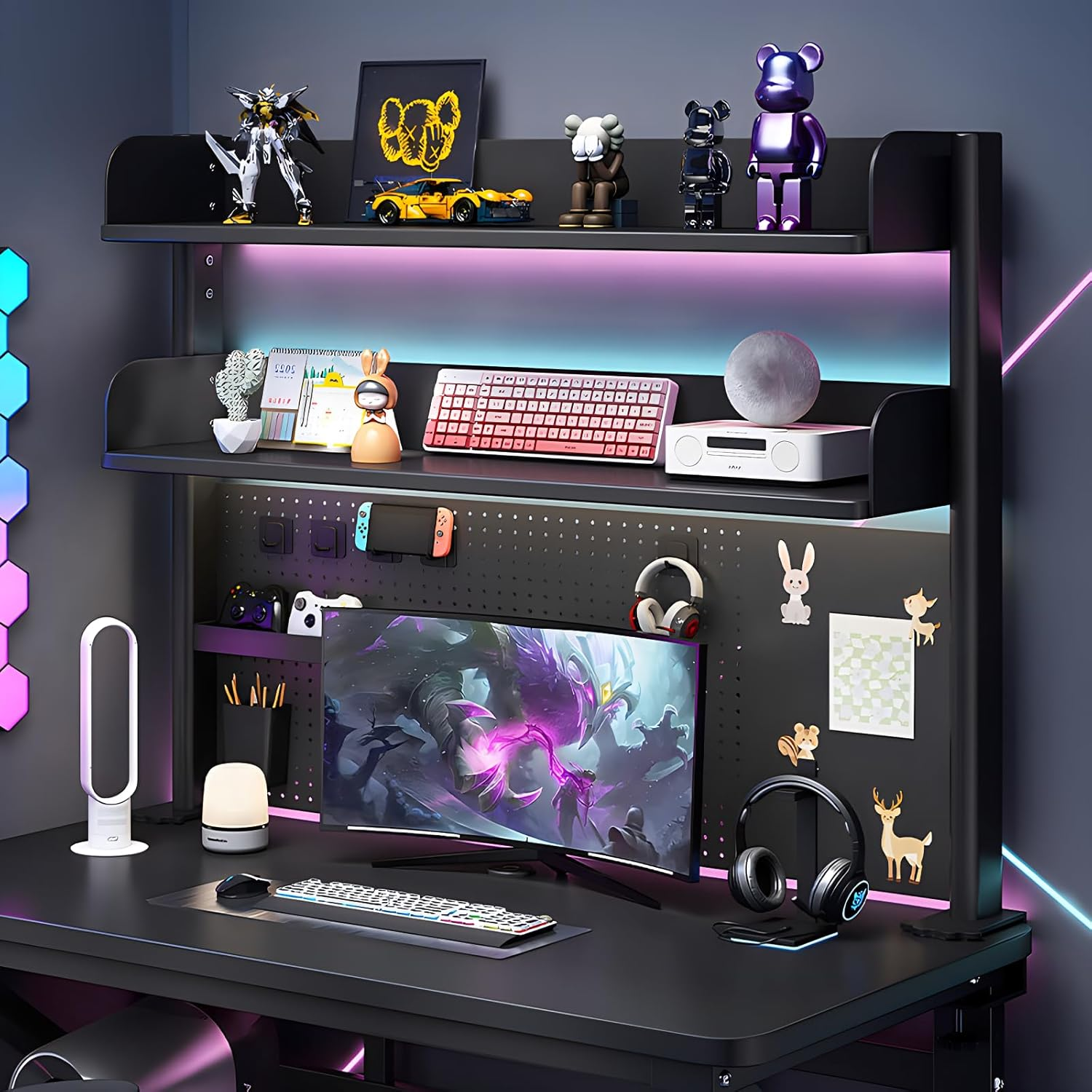 Clamp-On 31.5 Inch above or below Desk 3-Tier Shelving, Desk Organizer Shelf for Office Accessories, Gaming Devices with 20 Pieces Storage Accessories (Black)