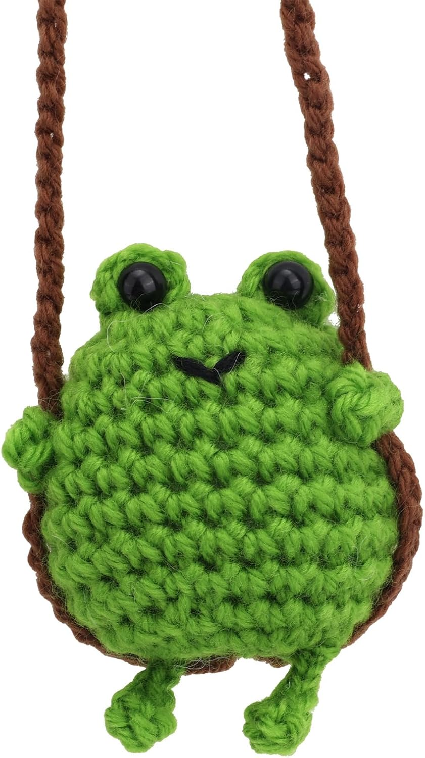Crochet Frog Car Mirror Hanging Accessories, Handmade Swinging Frog Car Hanging Ornaments Aesthetic Cute Knitted Decorations for Rearview Mirror Travel Home Office