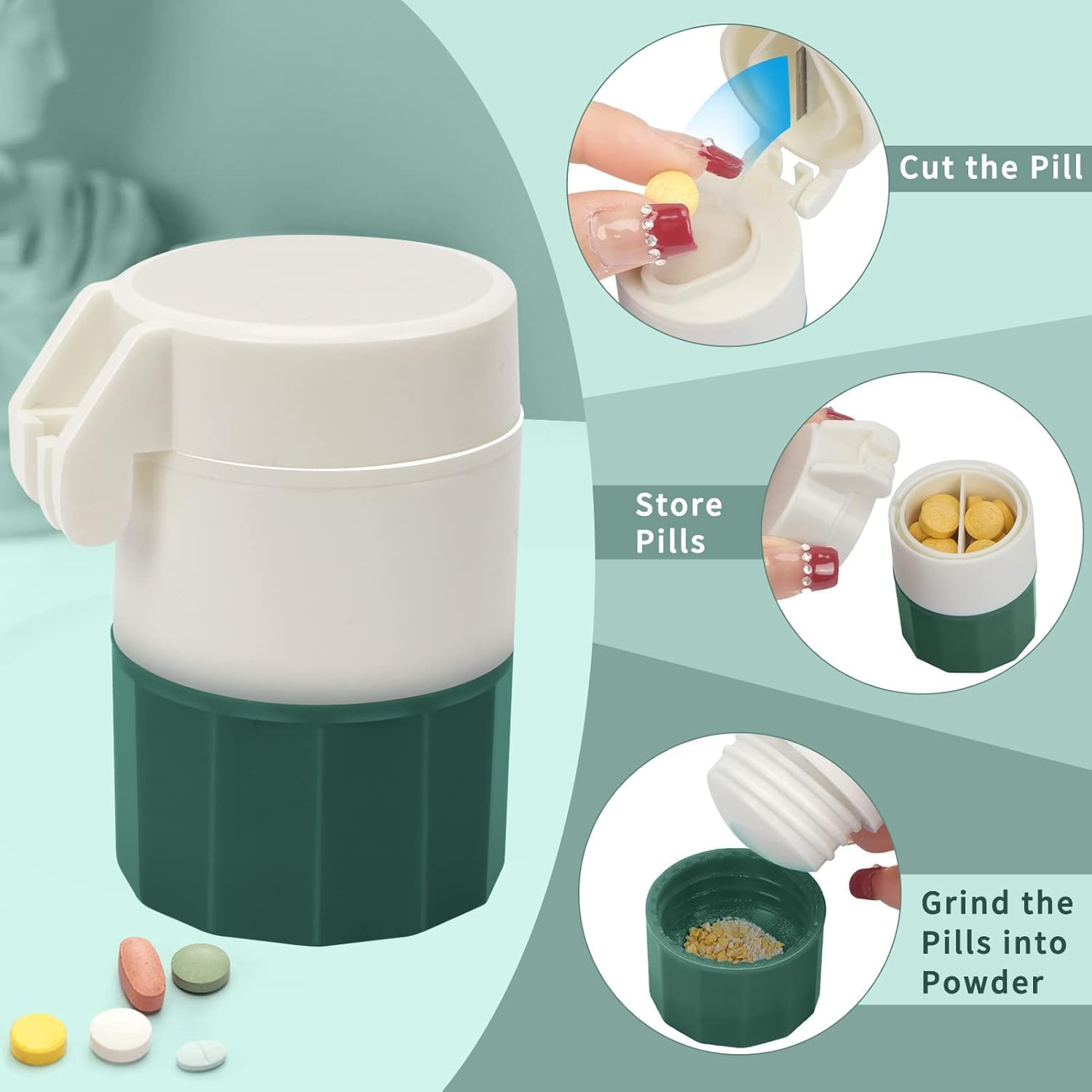 Pill Cutter,Pill Crusher Splitter Grinder,[3 in 1] Multifunction Pill Splitter for Purse Pocket to Crushes Pills, Vitamins, Tablets, Supplements-Green 2 PCS image number 3