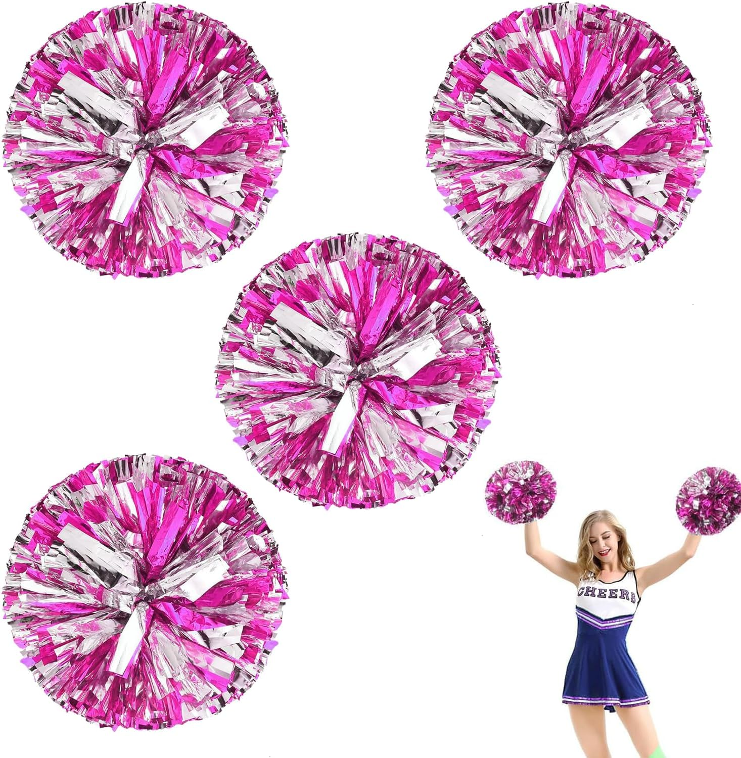 IONPSHG 4Pcs Cheerleader Pompoms Metallic Foil Cheer Poms Hand Flower Pompoms with Baton Handle Cheering Squad Pompoms Handheld Cheerleader Pompom Plastic Ring Pompom for Team Spirit Sports Dance