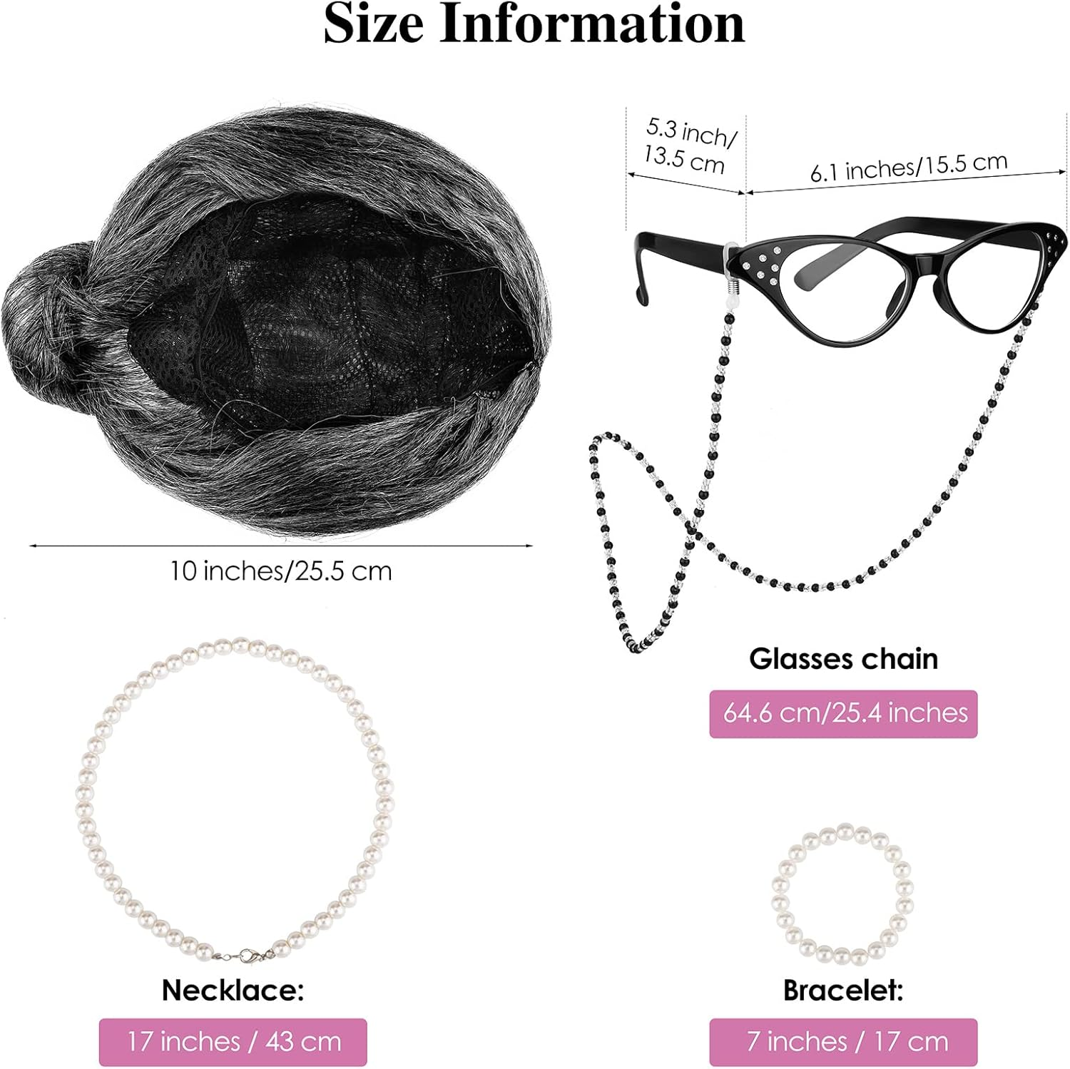 ADXCO 5 Pieces 100 Days of School Dark Gray Old Lady Wig Costume Cosplay Set Grandma Wig Granny Glasses Artificial Pearl Necklace Halloween Dress up Party