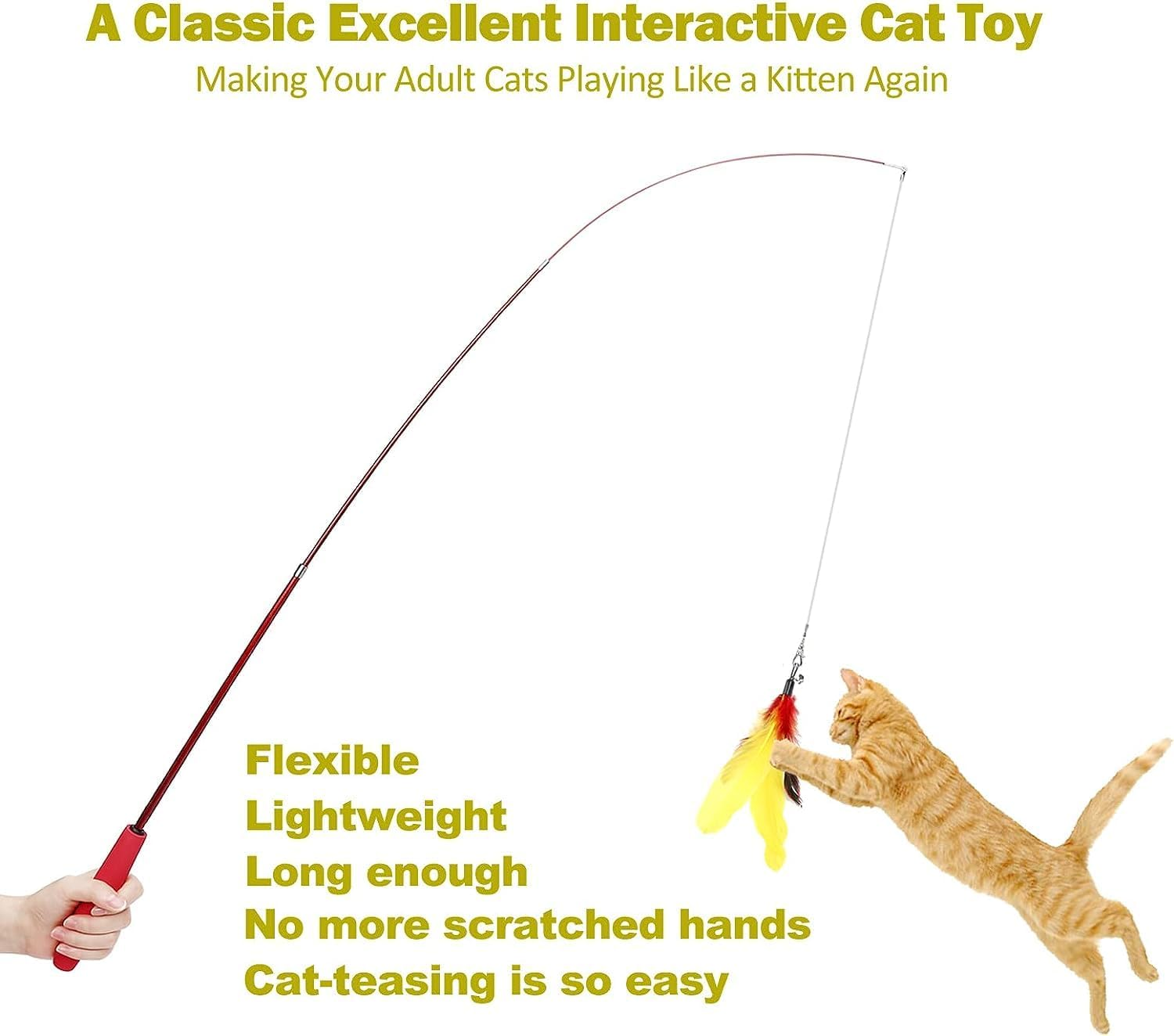 Cat Feather Toy, Retractable Cat Toys Wand 2 Wands & 9 Assorted Teaser Refills, Interactive Feather Teaser Wand Toy Bell Kitten Cat Having Fun Exerciser Playing image number 4
