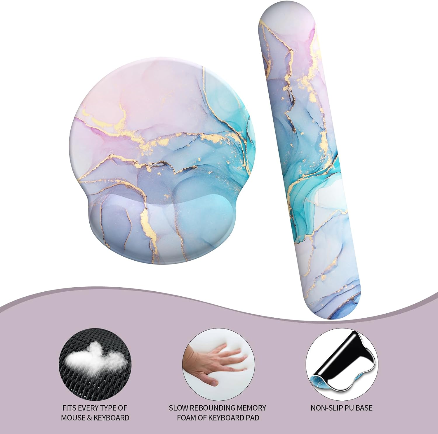 Giecy Mouse Pad Wrist Support, Ergonomic Memory Foam Keyboard Wrist Pad & Gel Mouse Wrist Rest Set for Computer Keyboard for Easy Typing & Pain Relief for Office Home (Pink Blue Marble Set)