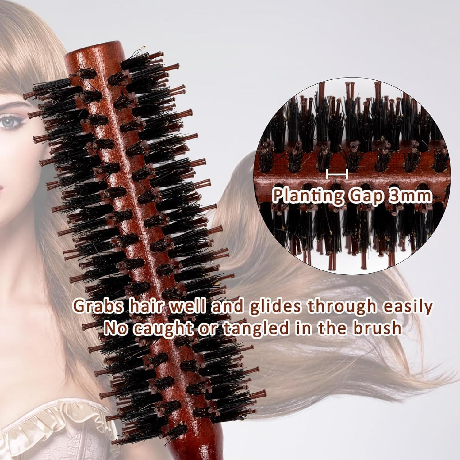 Kzvsiy 2 Pcs round Boar Bristle Hair Brush Set, Wooden Handle round Styling Brush, Boar Mane Bristle Brush for Hair and Beard, Sleek Brush for Men & Women, Perfect for Slicking and Grooming image number 2