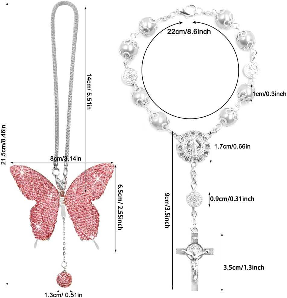 2 Pcs Rear View Mirror Accessories for Women, SENHAI Bling Butterfly Diamond Car Mirror Hanging Accessories and Rosary Beads Catholic Cross Car Decor, Home Decor Valentine'S Day Gifts image number 6