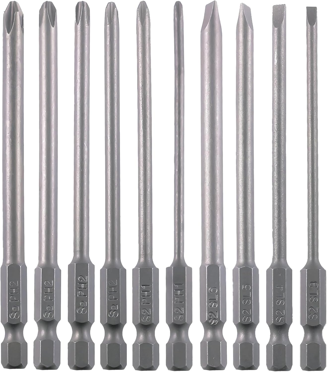 VESTTIO Long Screwdriver Bit Set Slotted SL3 SL4 SL5 SL6 Phillips PH1 PH2 10PCS 1/4 Inch Hex Shank 4 Inch/100 Mm Length S2 Steel with Magnetic for Power Screwdriver Drill Impact Driver image number 1