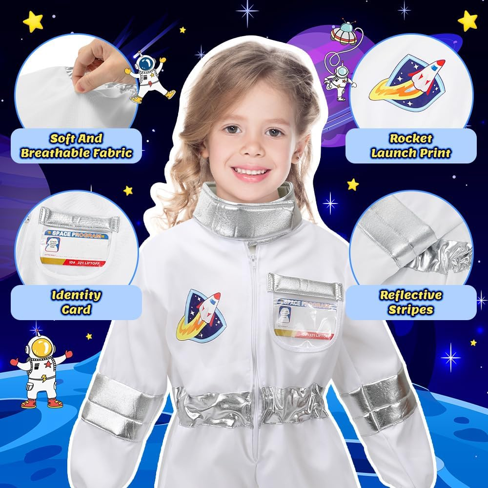 AUTOWT Astronaut Costume Set for Kids, 3 PCS Zippered Space Jumpsuit, White Pilot Spacesuit Breathable Astronaut Dress up Clothes with Space NASA Hat Gloves for Boys Girls Aged 3 4 5 6 7 8 image number 5