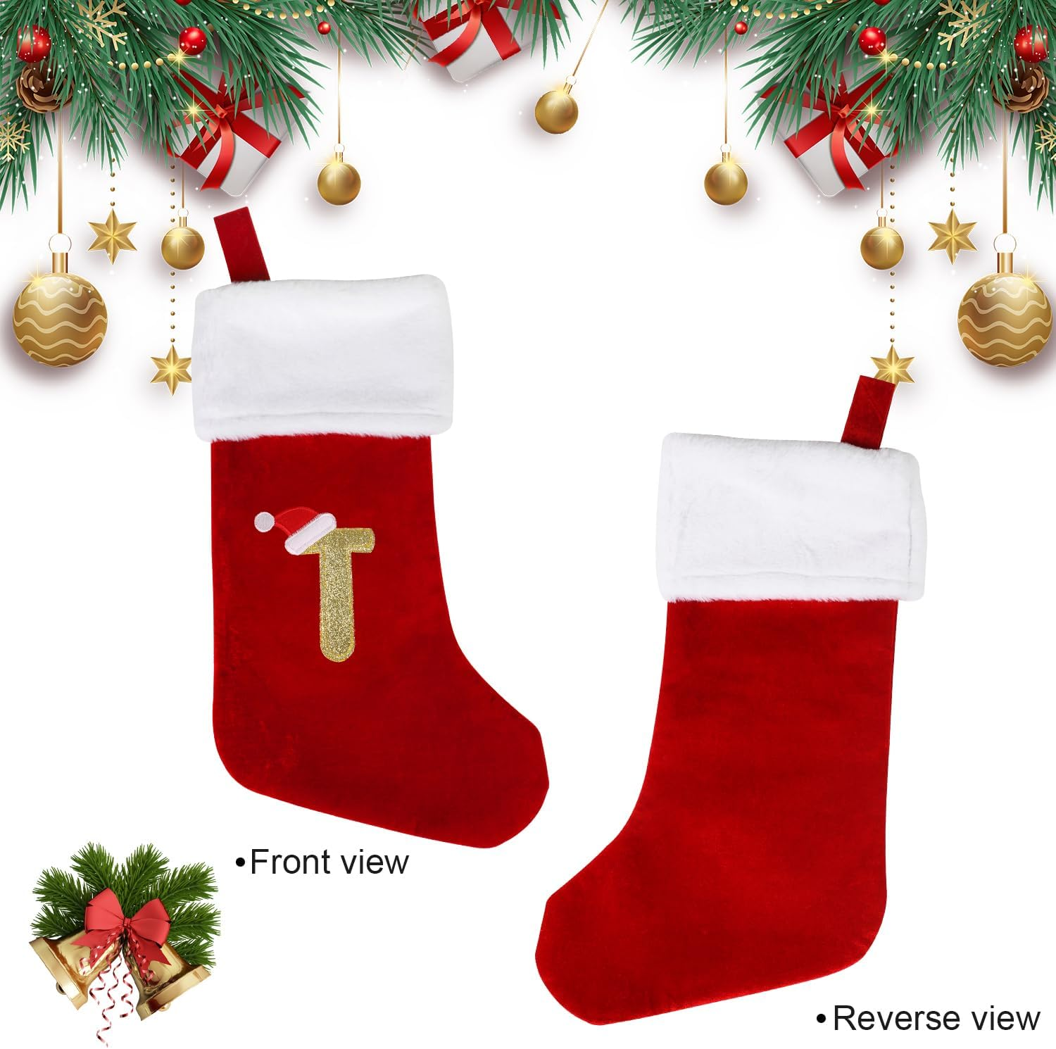 VEYLIN Embroidered Stockings Christmas 20 Inch Christmas Stockings with Letters, Plush Christmas Stockings Christmas Stockings for Kids/Adult Red Letter(T) image number 5