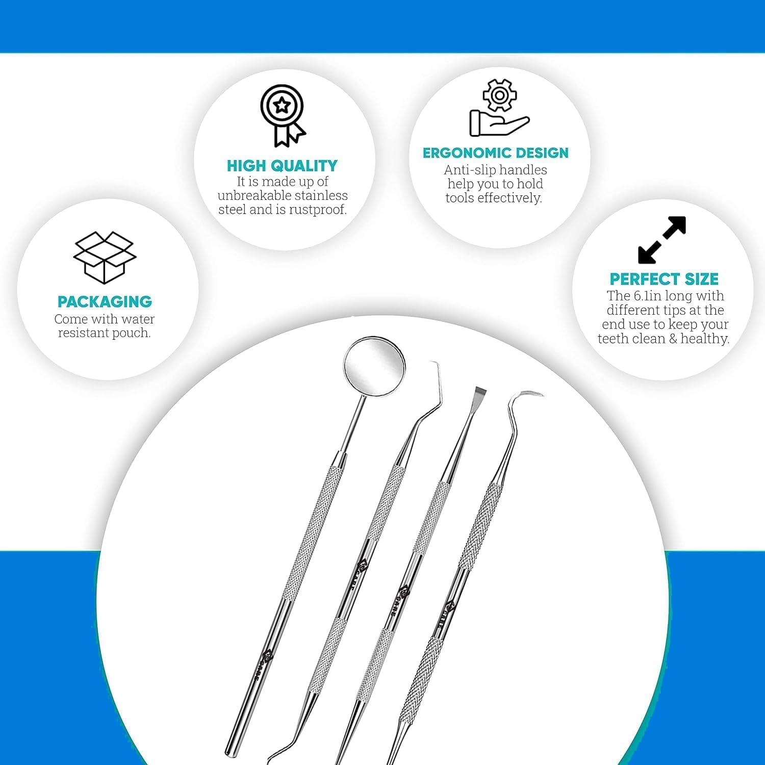 Dental Set Teeth Whitening Hygiene Kit 4Pcs Dentist Tools Set for Home Use Stainless Steel Mouth Mirror Tweezers Dental Picks Oral Care Set to Remover Tartar, Tooth Scraper image number 1