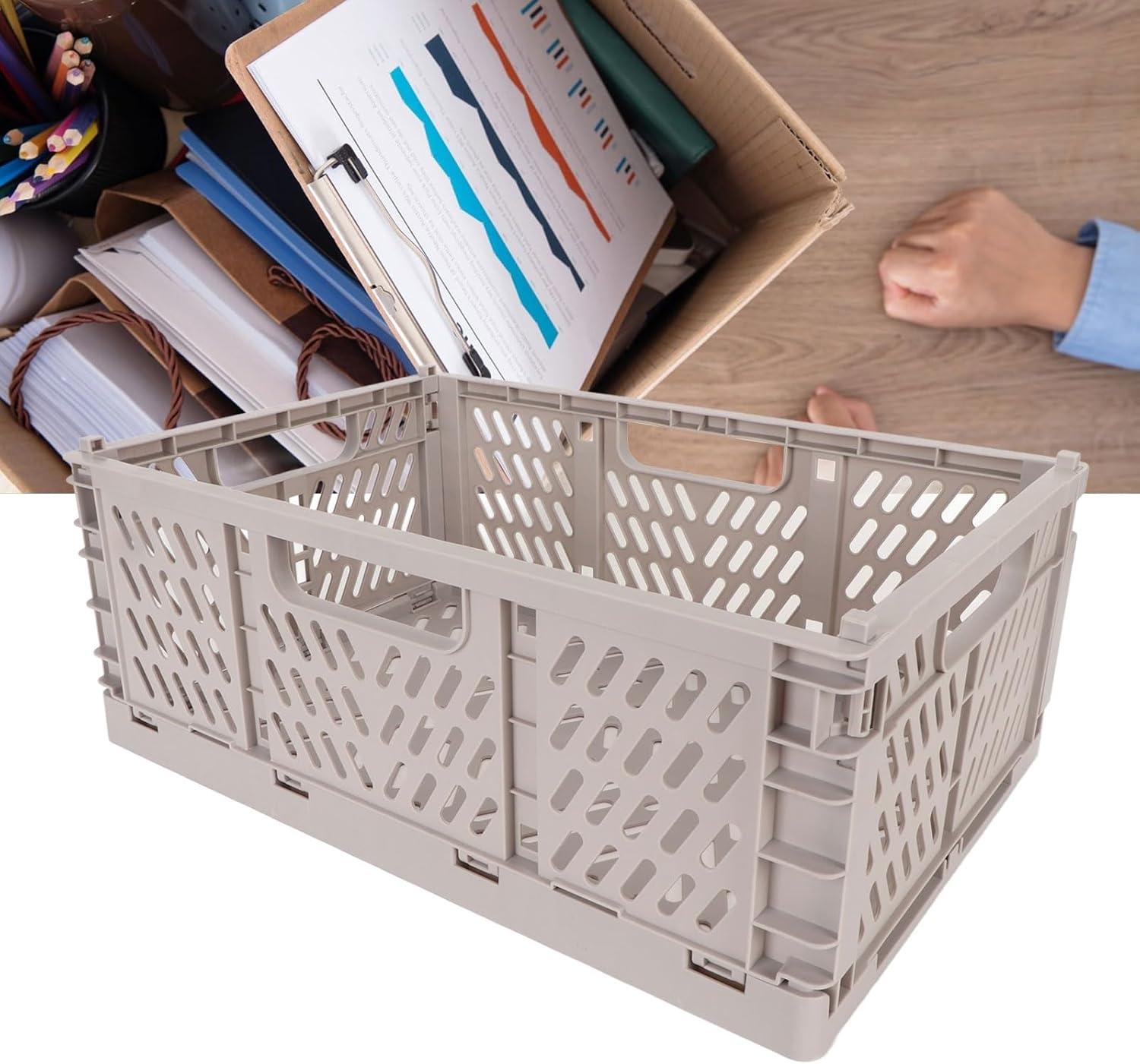 Large Capacity Storage Crate, Collapsible Storage Crate Made from Plastic for Office Laundry, Kids Toys, with Hollow Design Handle image number 6