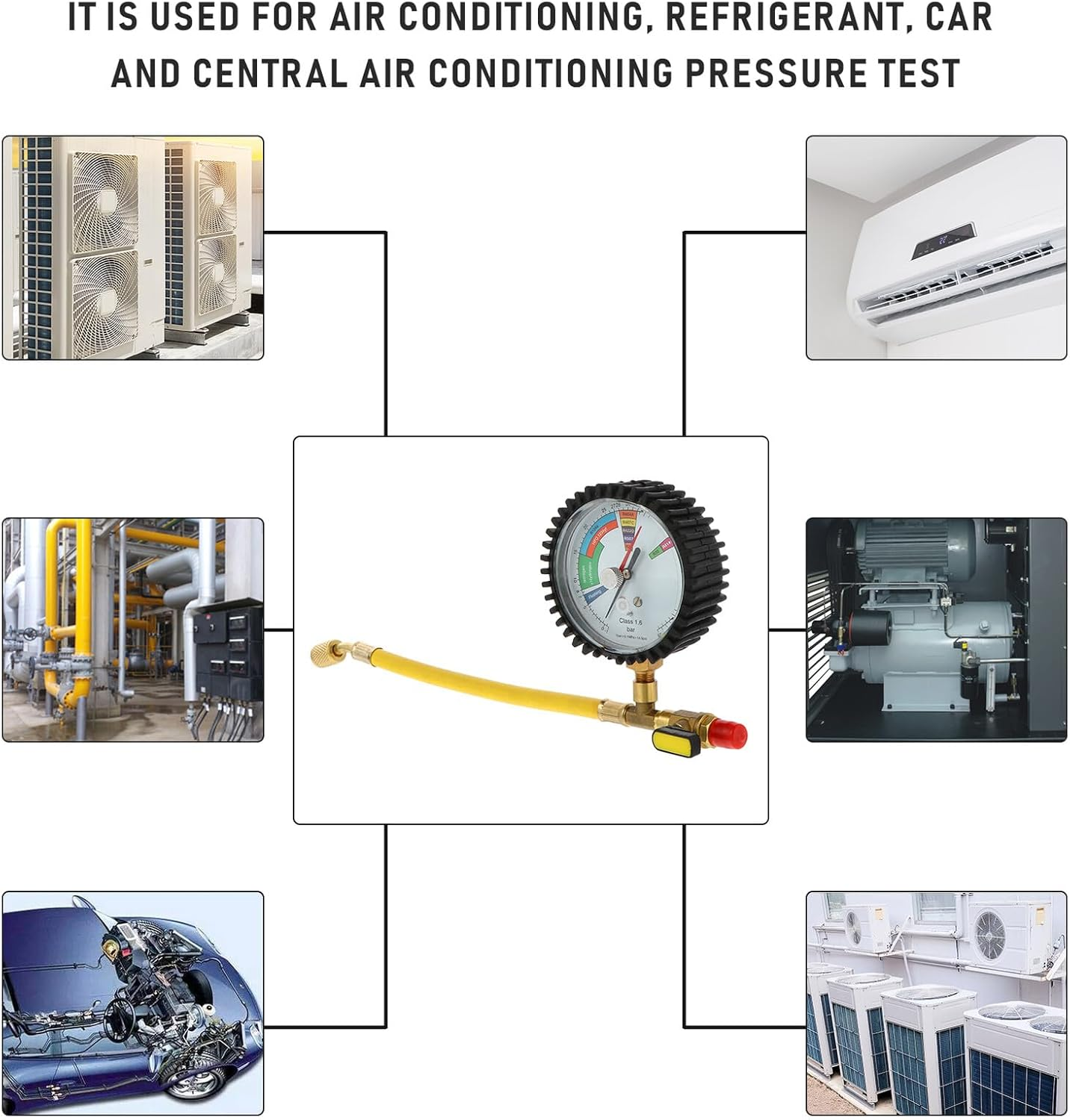Air Conditioning Refrigeration Nitrogen Pressure Test Gauge for Car and Household AC Leak Detection Large Display Brass Construction Static Pressure Tester
