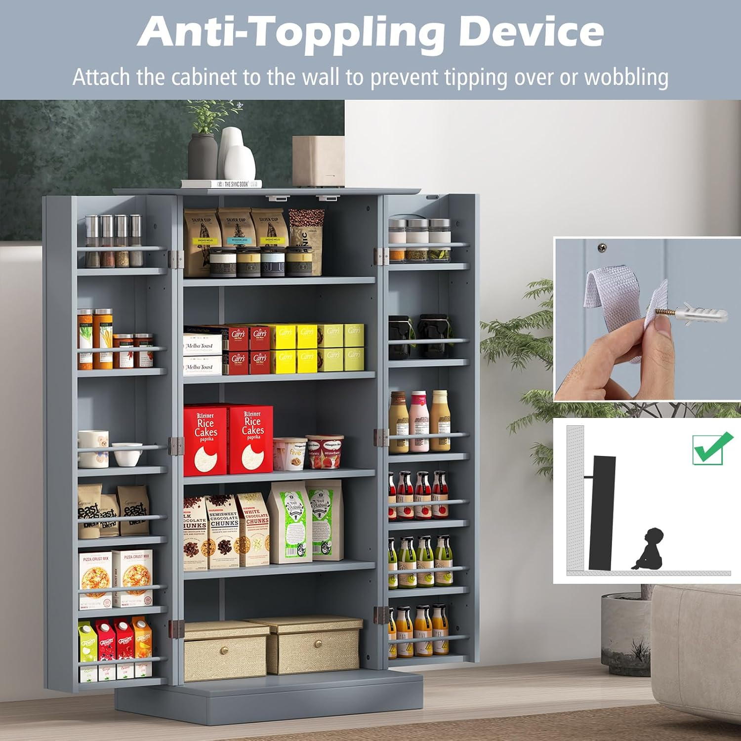 Giantex 120Cm Kitchen Storage Cabinet, Freestanding Buffet Cupboards Sideboard with 2 Doors & Anti-Tipping Devices, Modern Pantry Storage Cabinet for Kitchen, Living Room, Dining Room (Grey) - White image number 6