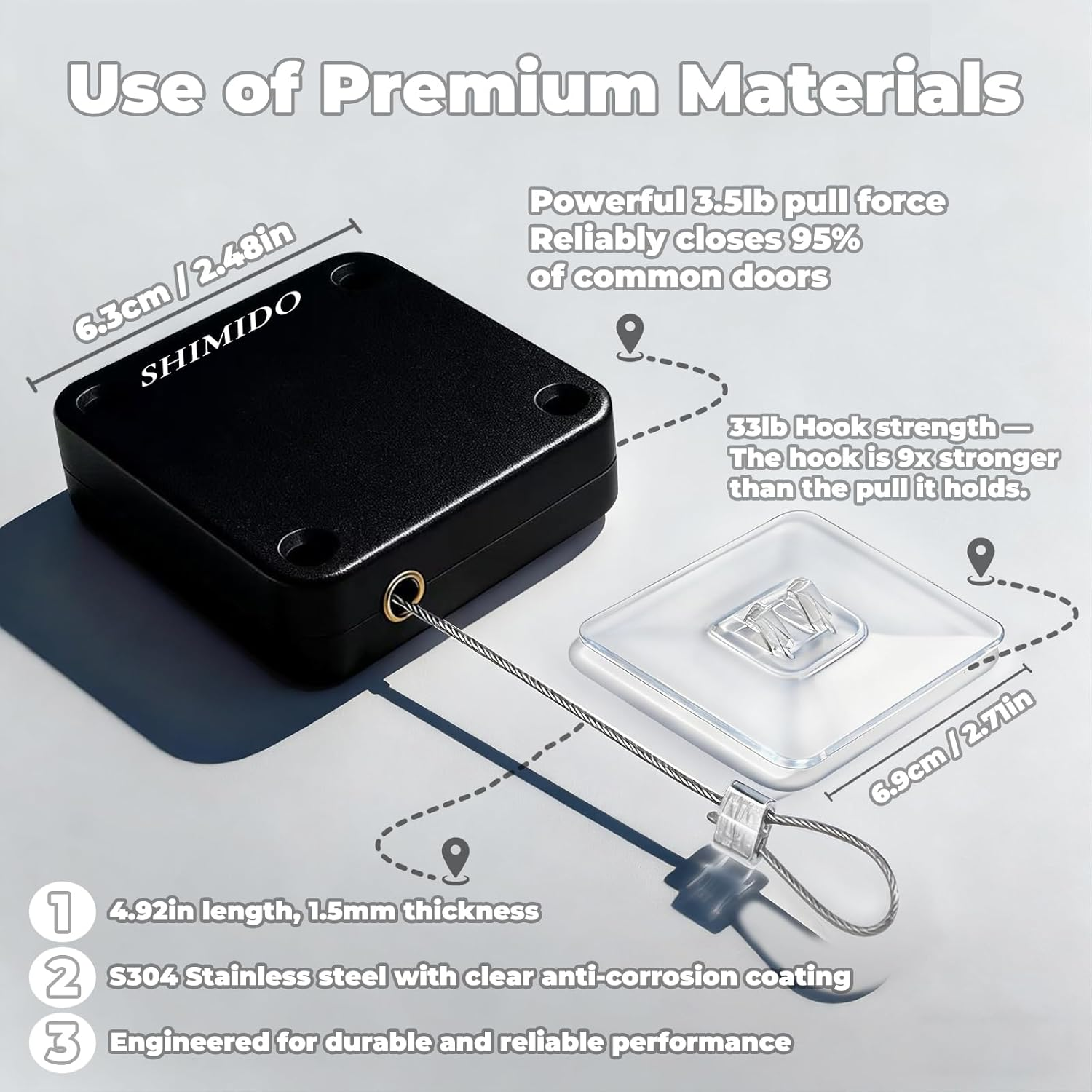 SHIMIDO Upgraded Punch-Free 1000G Automatic Screen Door Closer, Storm Door Closer, Sliding Screen Auto Closer with Steel Drawstring for Bathroom, Bedroom, Studyroom (4 Pack Black)