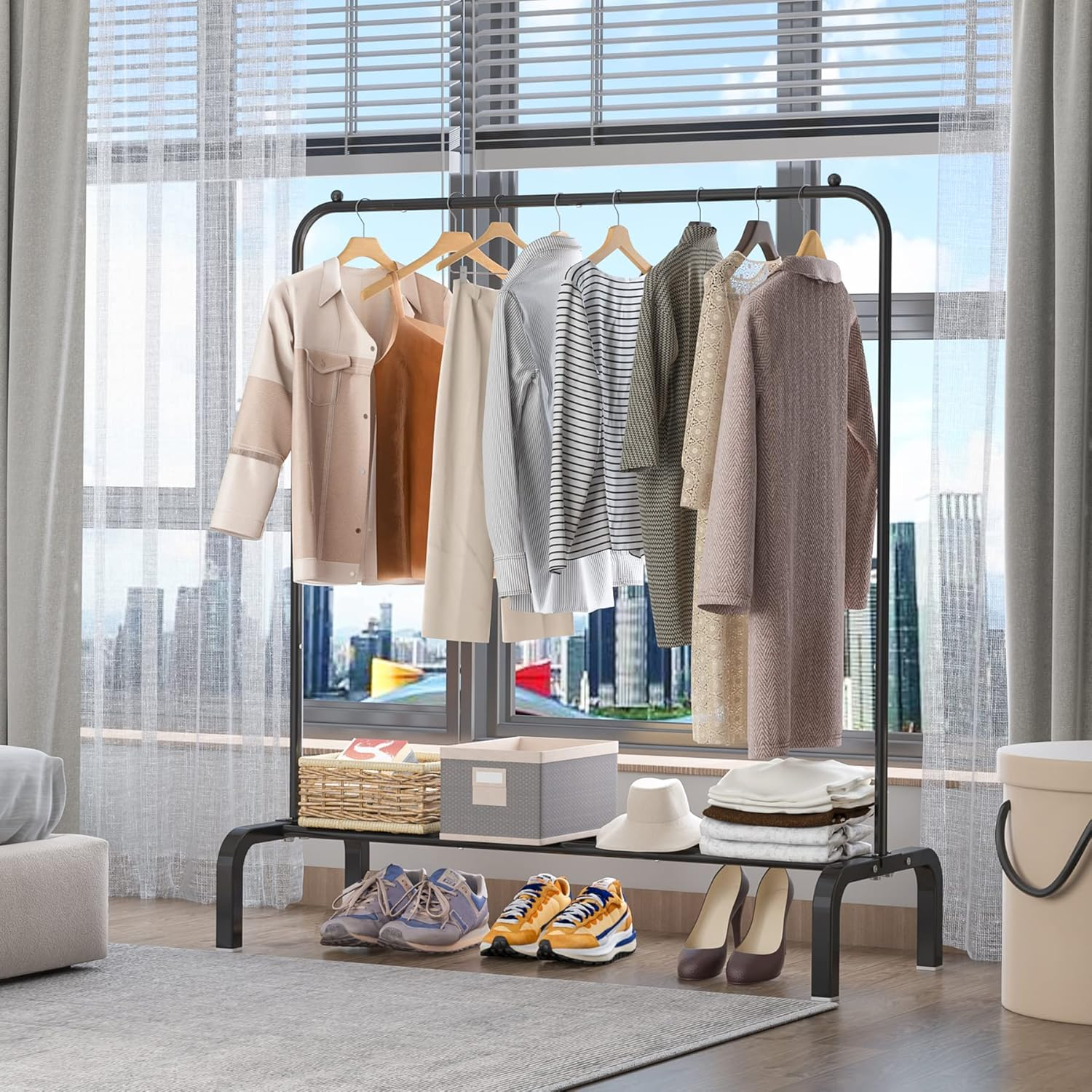 Clothes Rack Metal Clothing Rack with Bottom Shelf Garment Rack for Hanging Clothes Shirts Jeans and Coats Black image number 2