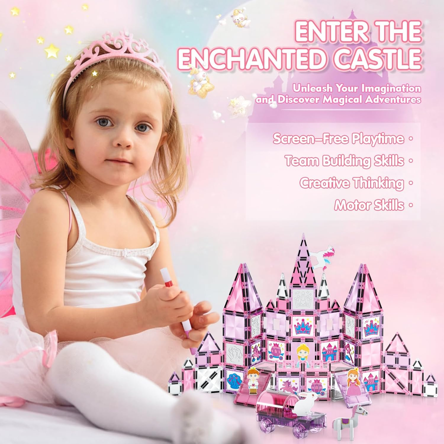 126PCS Magnetic Tiles, Pink Princess Castle Magnetic Tiles Building Blocks, Diamond Magnetic Building Blocks Toys Gifts for Kids Boys Girls 3 4 5 6 7 8 9 10 + Year Old image number 5