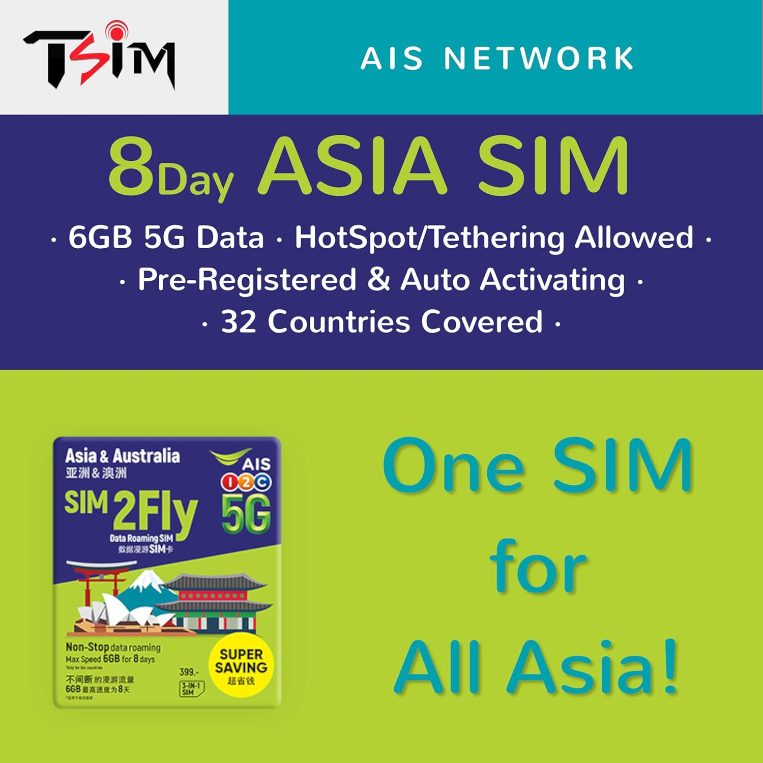 TSIM Asia Data SIM Card for 8 Days with 6GB Data | AIS 5G Network | Australia, Japan, Singapore, China, Vietnam, Indonesia | Auto Activated SIM