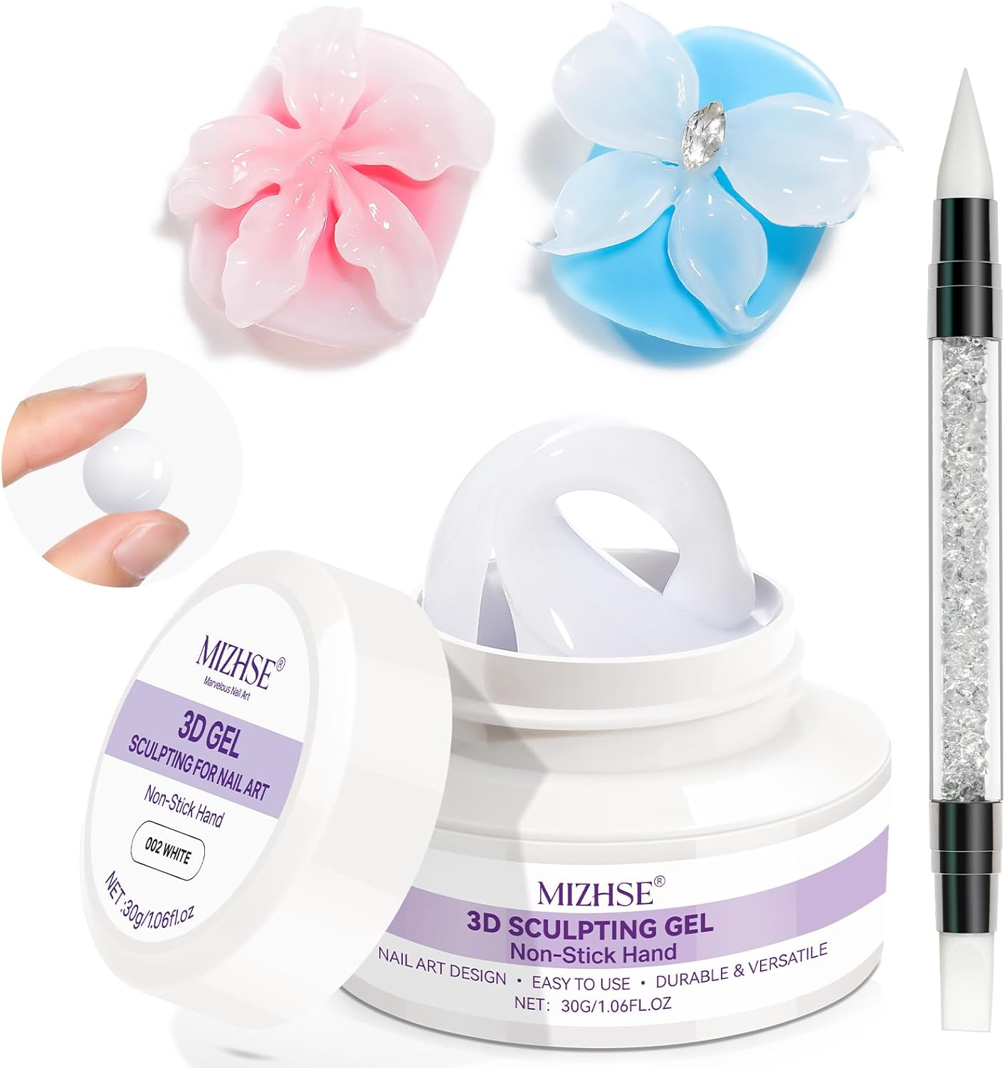 MIZHSE White 3D Gel Nail Art 30G Sculpting Gel Non-Sticky Molding Gels for Nails Solid U V LED Soak off Gels Polish with Silicone Pen and 3D Mold for Nail Design Home Manicure