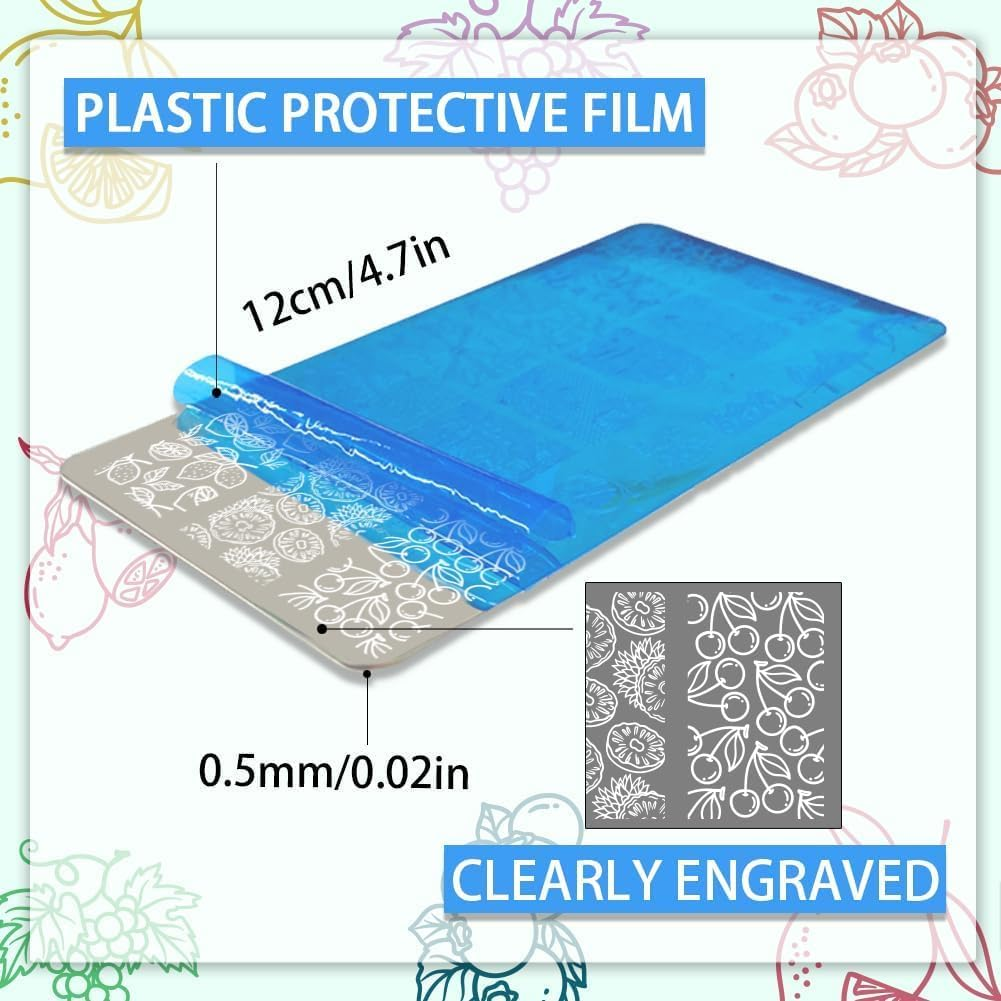 PH Pandahall 45 Patterns Fruits Nail Art Stamping Plate, 3 Pieces Nail Art Stencils Pinnapple Stawberry Nail Stamp Plate Stainless Steel Nail Picture Plate for DIY Printing Manicure Salon Nail Design