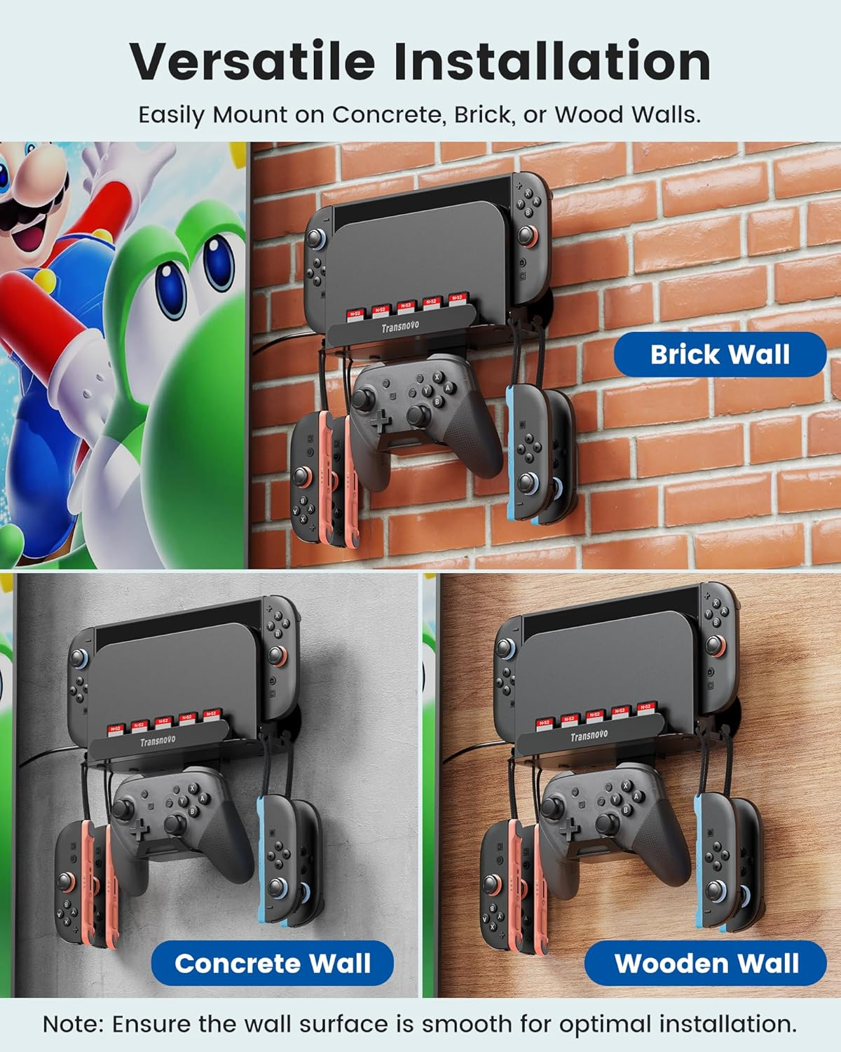 TRANSNOVO Wall Mount Dock Holder Compatible with Switch 2/Oled/Switch, Space-Saving Console Storage Near/Behind TV, Metal Bracket with Hook for Hanging Joycons/Pro Controller and 5 Game Card Slots image number 1
