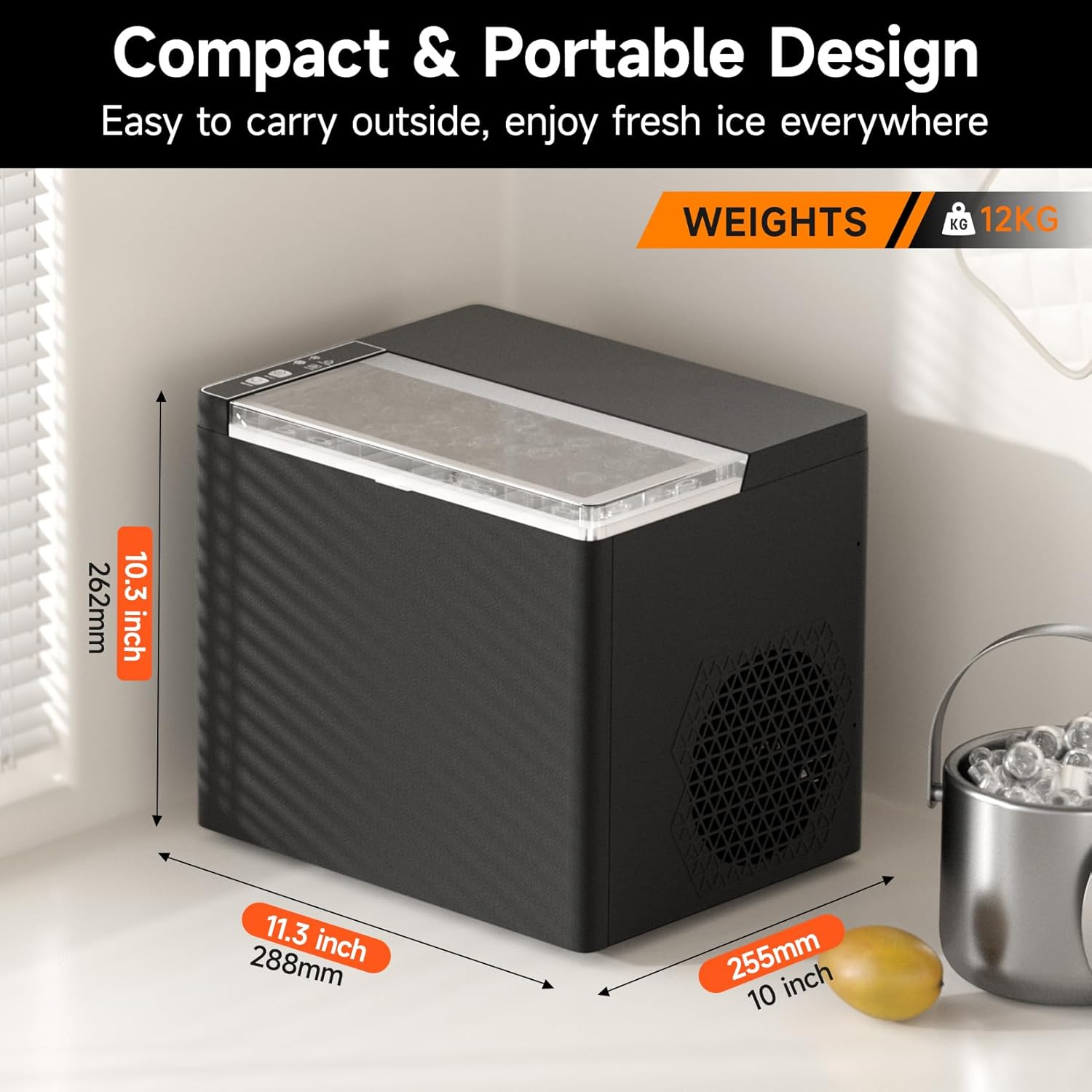 SONOLOR Ice Maker Countertop, Portable Ice Machine with Ice Scoop, Basket, 9 Cubes in 6 Mins, 26.5Lbs/24H, 2 Sizes of Bullet Ice, One-Click Operation Ice Makers for Home/Party/Offices/Bars (Black) image number 4