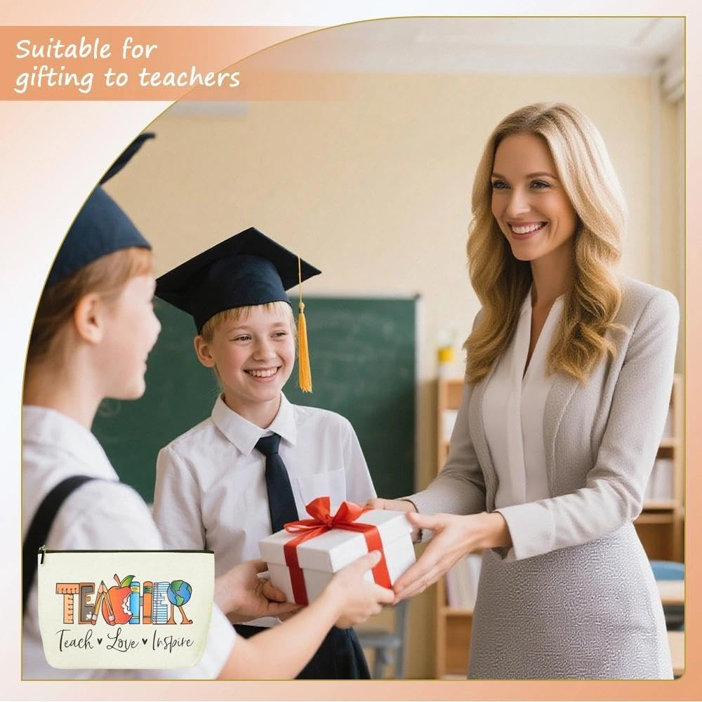 Teacher Inspirational Gifts Makeup Bag for Women Teacher Design with Teach Love Inspire Canvas Cosmetic Bags Travel Toiletry Pouches for Teachers Appreciation Back to School Christmas Birthday Gift image number 5