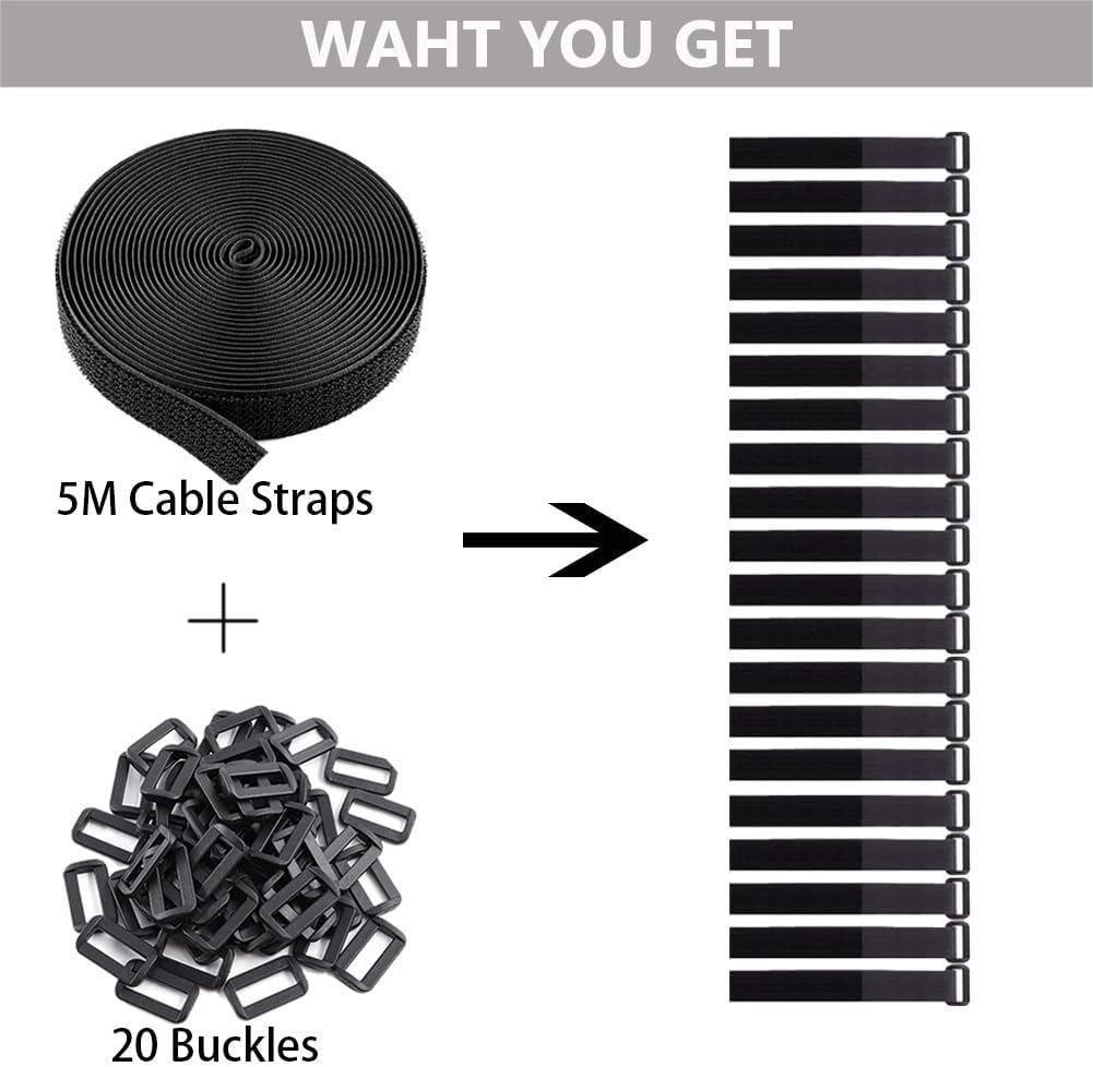 Reelau 5M Hook and Loop Cable Straps 5CM Wide Fastening Securing Straps, Adjustable Cable Ties, Free Cut Length, Securing Cord Ties with 20 Buckles for Organizer or Storage image number 6