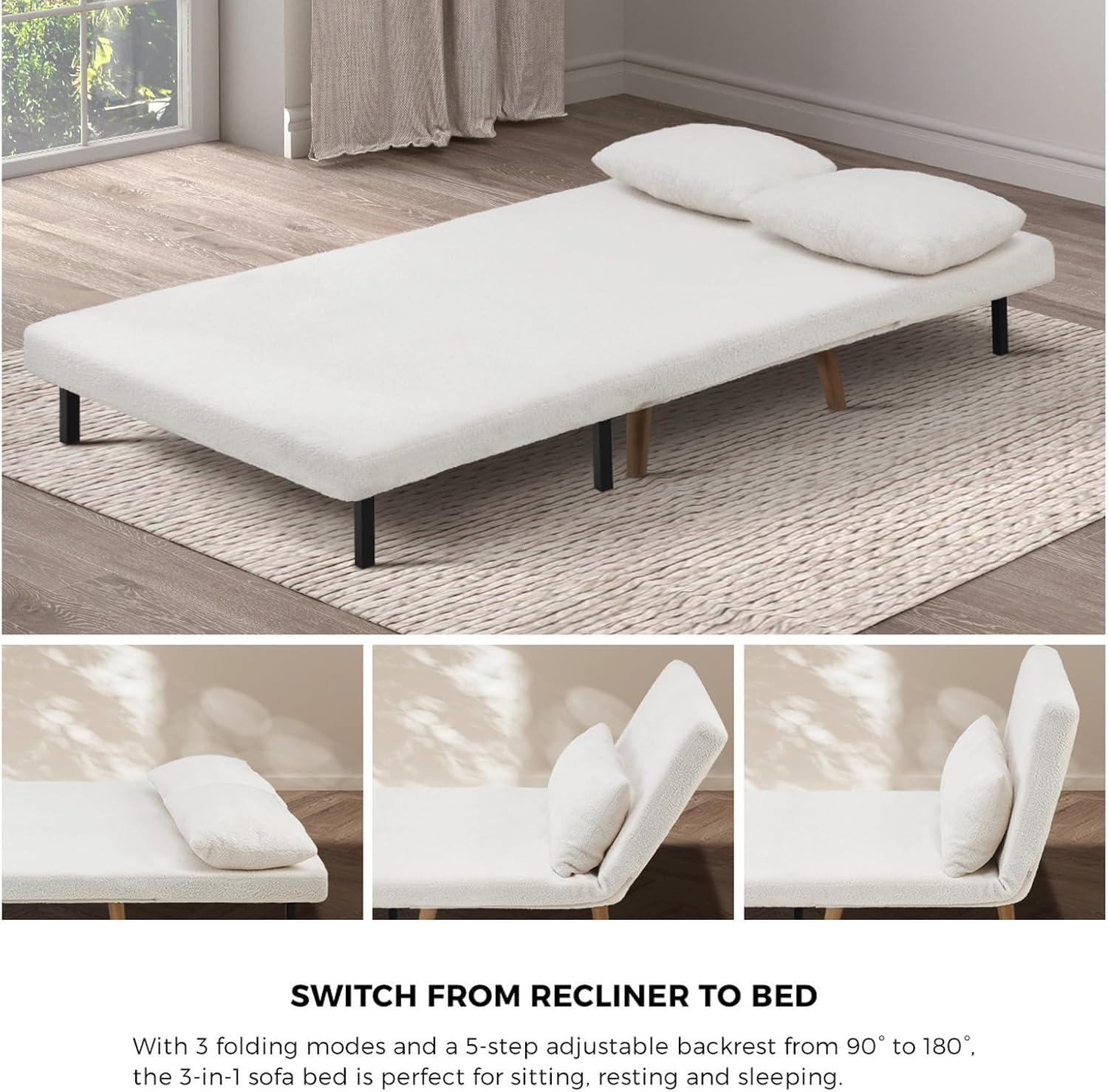 OIKITURE 2-Seater Lounge Chair Sofa, Double Folding Sofa Chair with Thick Padding, Multi-Functional Furniture Sofa Chair Flat Bed for Livingroom Apartment Office Study, White