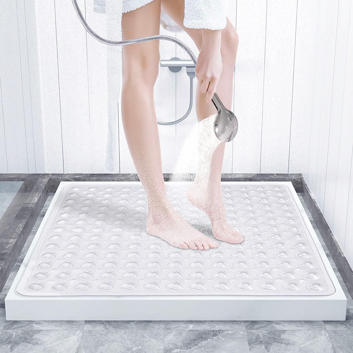 Square Shower Mat Non Slip - 53 X 53Cm, anti Mould Soft Shower Stall Mat with Suction Cup and Drain Holes, Rubber Bathtub Mat Stall Floor Mats for Bathroom, Machine Washable, Bathroom Accessories image number 4