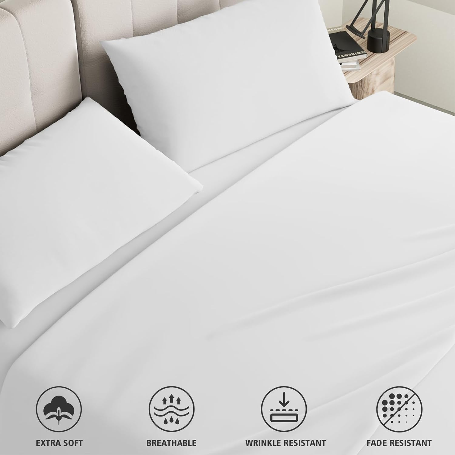 RUN HELIX 4 Pieces King Bed Sheet Set - Ultra Soft Microfibre Fabric Fitted Sheet with 35Cm Deep Pocket, Mattress Protector, Easy Care, Wrinkle Free, Fitted Sheet & Flat Sheet & 2 Pillowcases, White image number 2