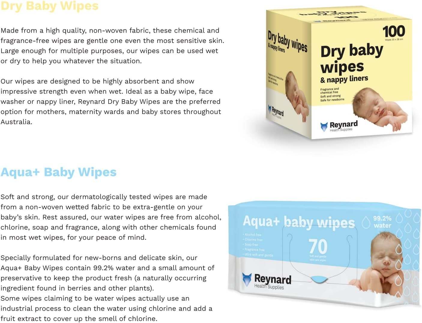 Reynard Health Supplies Ultra-Soft Dry Baby Wipes, Chemical & Fragrance Free, White, 33 X 29 Cm, 100 Count