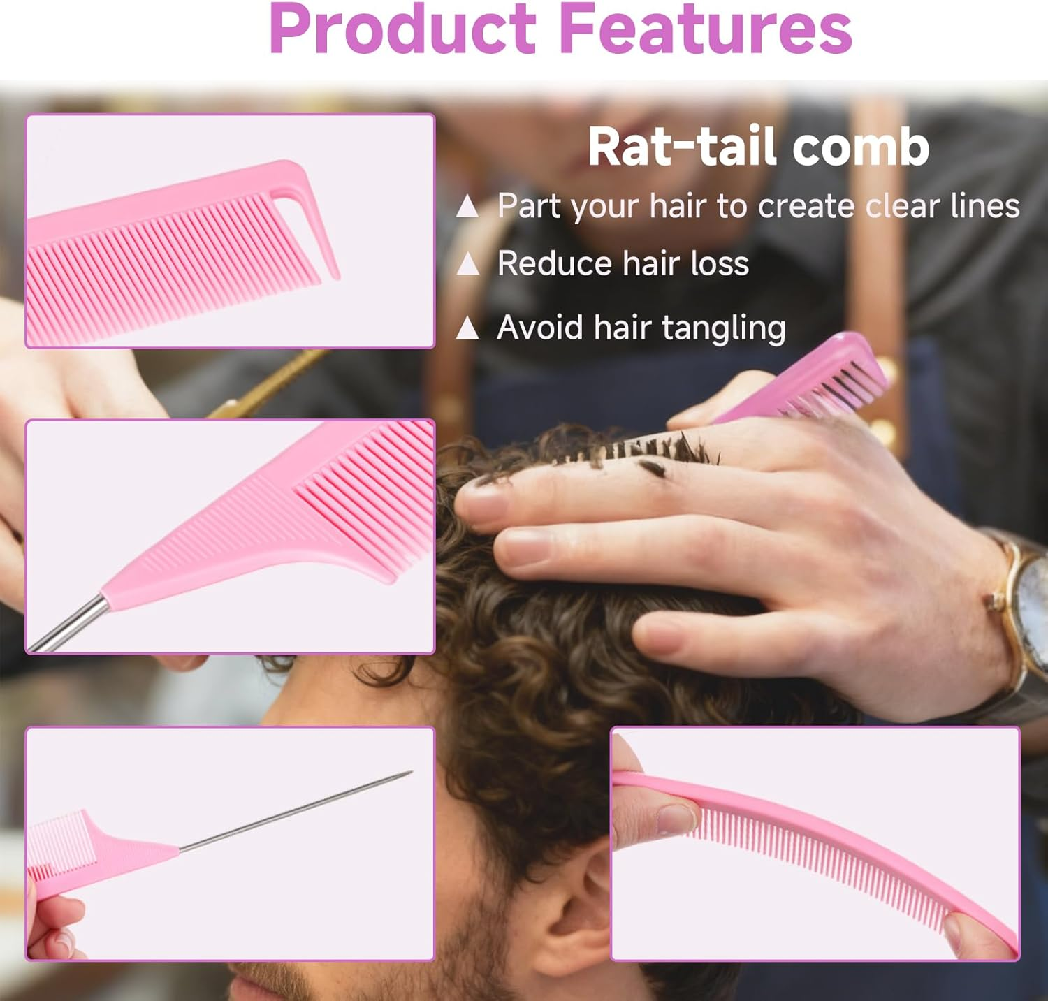 Teccfly 10Pcs Hair Brush Set - Braiding Kit & Hair Supplies,Topsy Tail Hair Tool,Edge&Back&Teasing Brush Rat Tail Comb Styling Tools for Women (Pink) image number 5