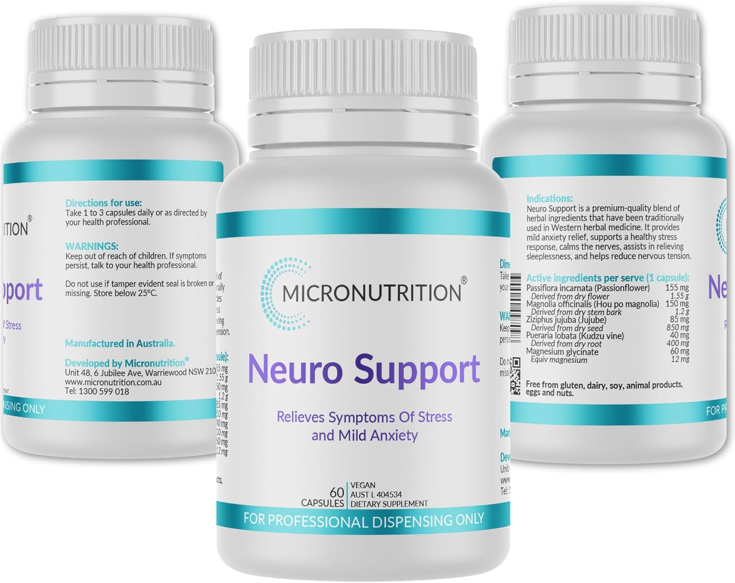 Neuro Support - Herbal Supplement for Mild Anxiety & Stress Relief, Sleep & Brain Function - Passionflower, Magnolia, Ziziphus, Kudzu, Magnesium Glycinate - Vegan - 60 Vege Caps - MICRONUTRITION