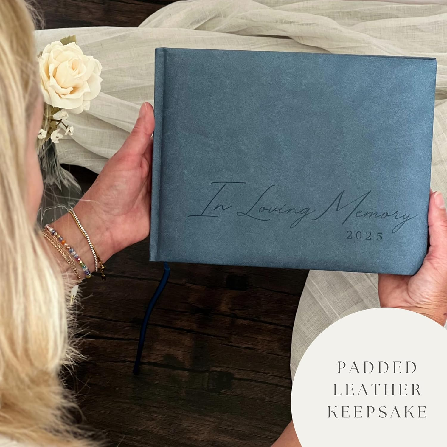 Funeral Guest Book for 2025 Celebration of Life Memorial Service - Leather Memory Book for Funeral Guests to Sign in with Condolence Memory Table Sign & Back Pocket - Blue Guestbook