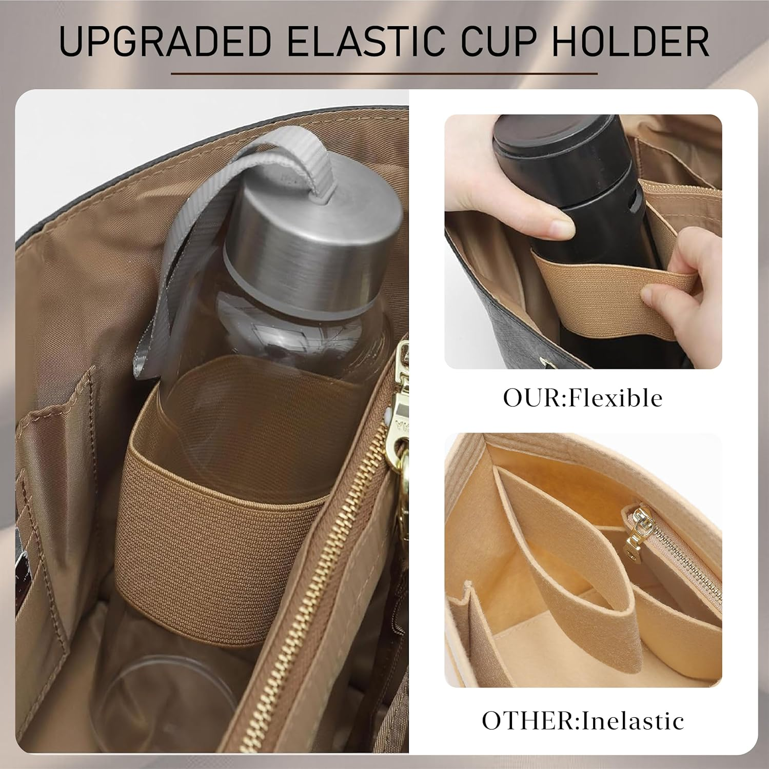 Doxo Purse Organizer Insert for Coach City Tote 30, Lightweight Tote Bag Organizer with Keychain, 9 Pockets Bag Insert with Cup Holder Zippered Section, Handbag Organizer Storage Divider (White Brown) image number 7