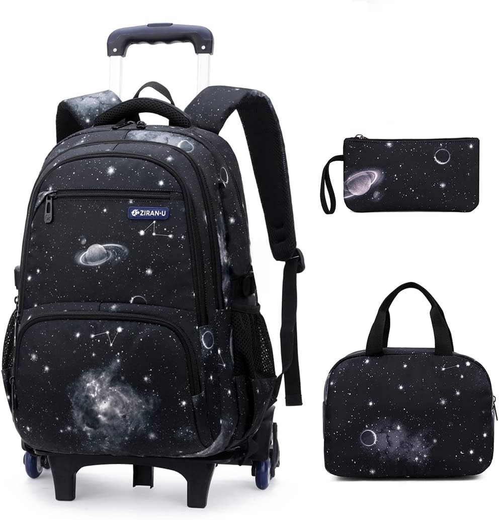 Galaxy Print Rolling Kids Backpack for Boys School Bag Elementary Bookbag with Wheels, 3Pcs-Style B-Galaxy-Black Blue, 3Pcs Rolling Backpack Set, Daypack Backpacks