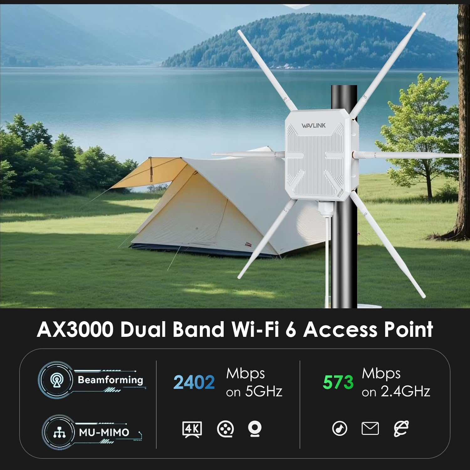 AX3000 Outdoor Wifi 6 Extender, WAVLINK Long-Range Wifi Repeater/Access Point with Dual Band/Poe/Ip67 Waterproof/6 X 7Dbi Antennas, Supports up to 256 Devices for Garage, Yard, RV, Farm