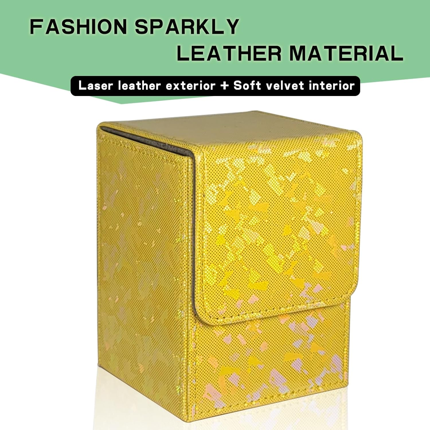 Dmoicols Sparkly Card Deck Box Holds 100+ Single Sleeved Cards,Leather Card Storage Case,Mtg Commander Deck Box with 2 Dividers Fit TCG CCG Magic Cards Vertical (Sparkly Yellow Piece) image number 1