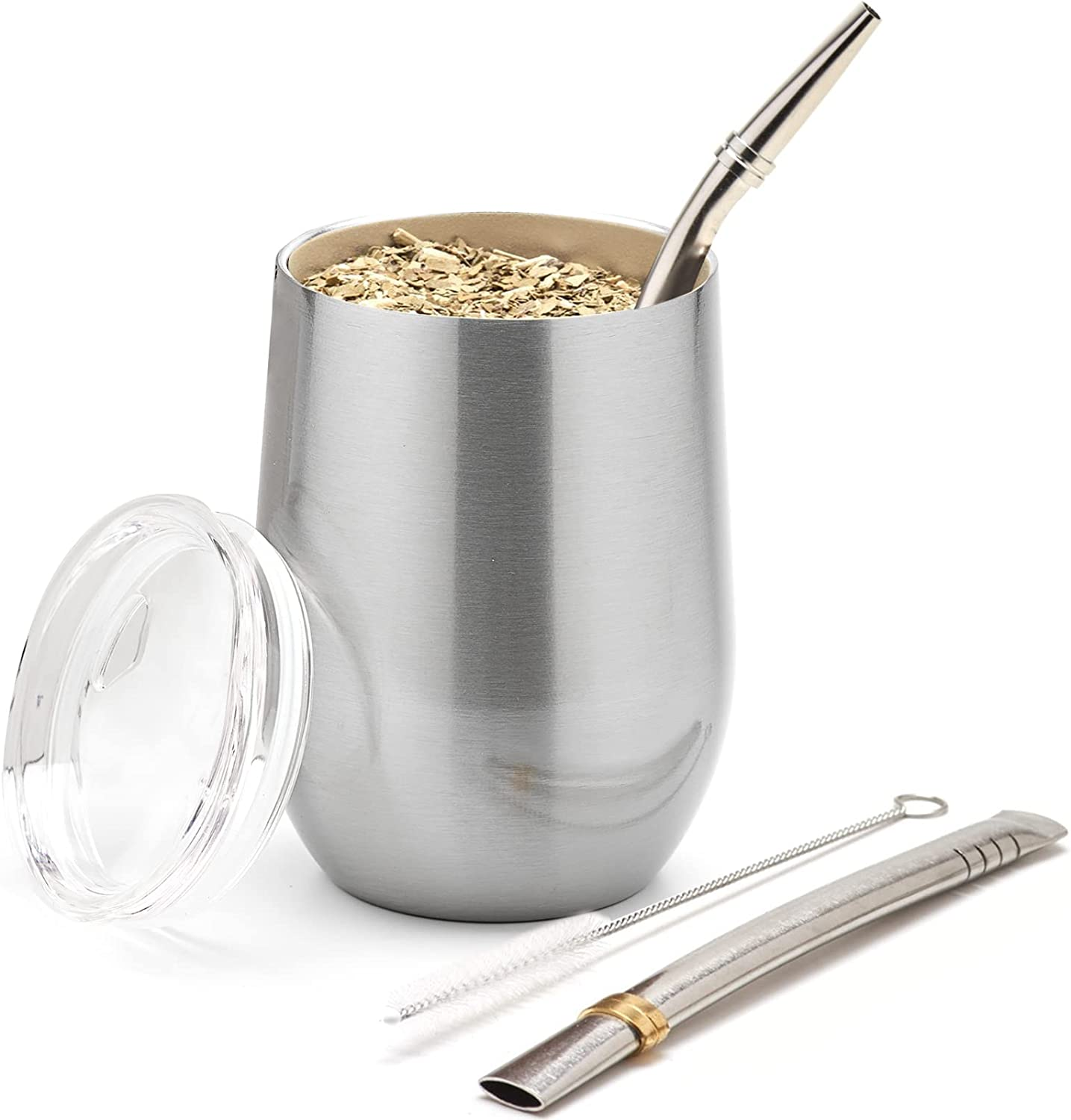 BALIBETOV Modern Mate Cup and Bombilla Set (Yerba Mate Cup) -Yerba Mate Set Includes Double Walled 18/8 Stainless Steel Mate Tea Cup, Two Bombilla Mate (Straw) and a Cleaning Brush (12 Oz, Wood)