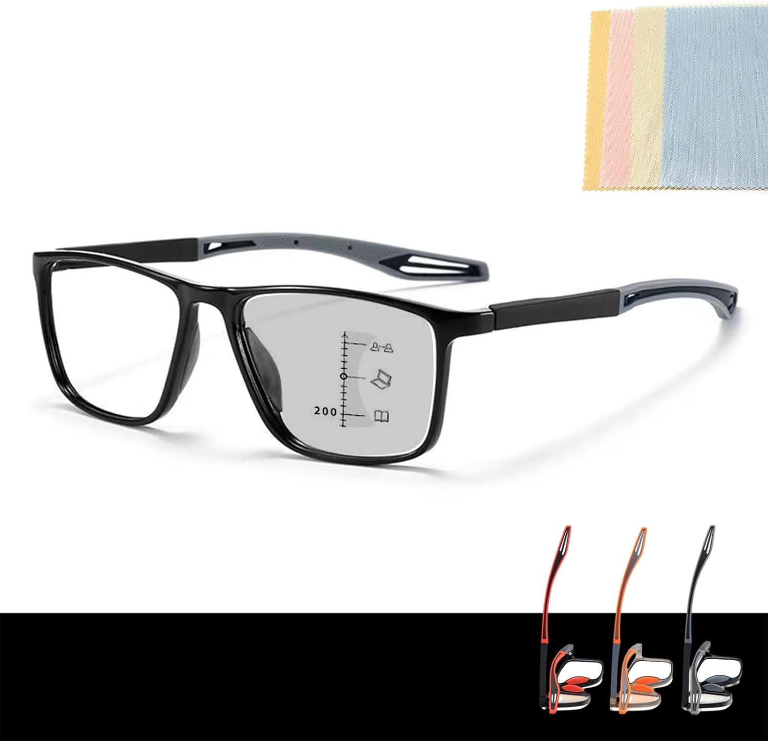 Sport Intelligent Photochromic Progressive Bifocal Presbyopia Glasses for Women Men, Chromoscope. Multifocus Reading Glasses (+1.00/40-45 Year,Black*)