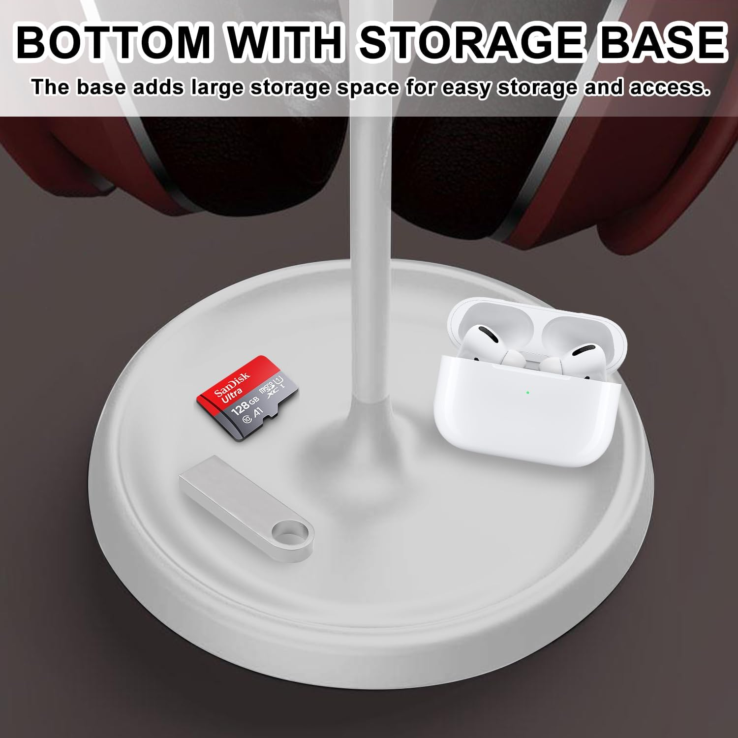 Headphone Stand,Aluminum Headset Stand,Curved Headset Stand with Storage Tray,Heavy Base Gaming Headset Holder,Sturdy Desk Headset Mount Rack for All Headphone Sizes (White) image number 5