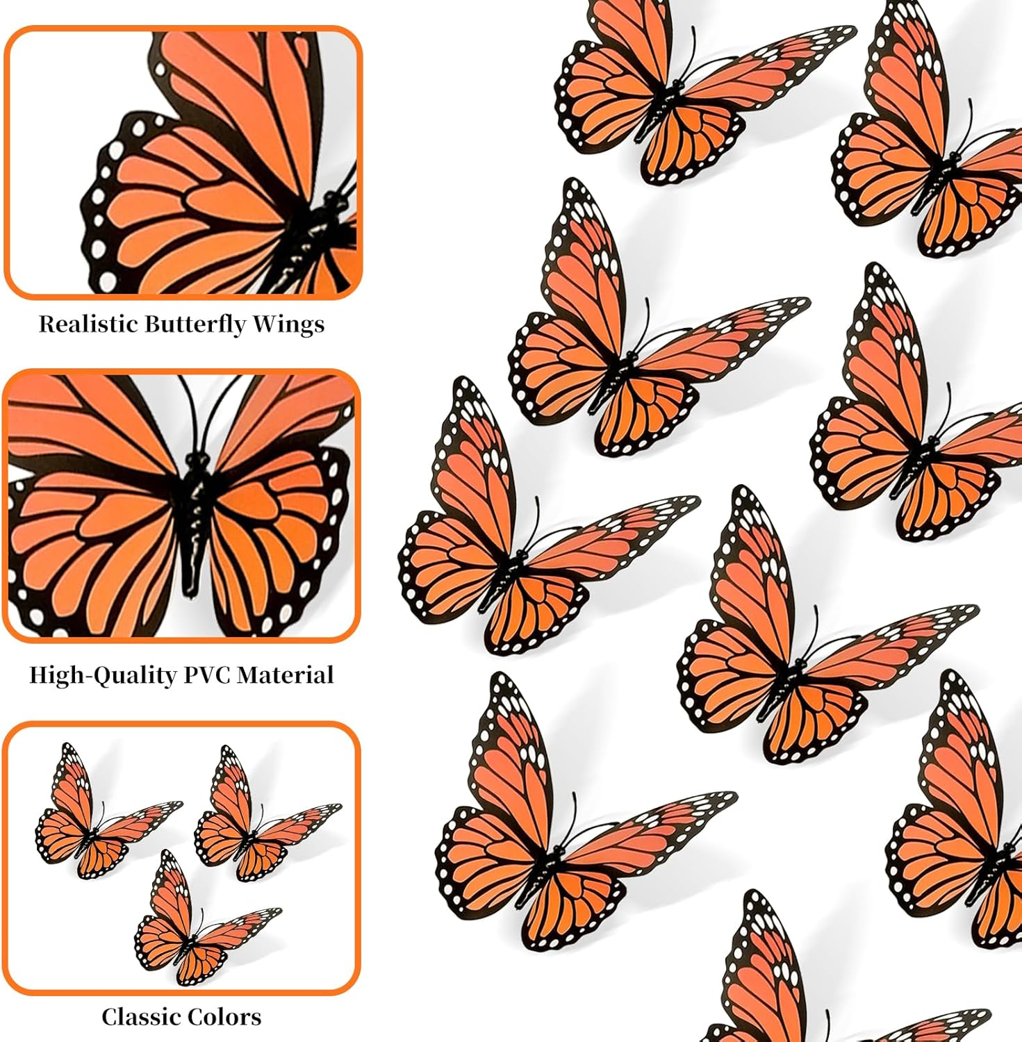 36 Pcs Monarch Butterfly Decoration，5 Size Artificial Fake Butterflies for Dia De Los Muertos Decorations，Day of the Dead Decorations，Ofrenda Decoration for Fall Autumn，Halloween，Party，Wall Decor image number 2