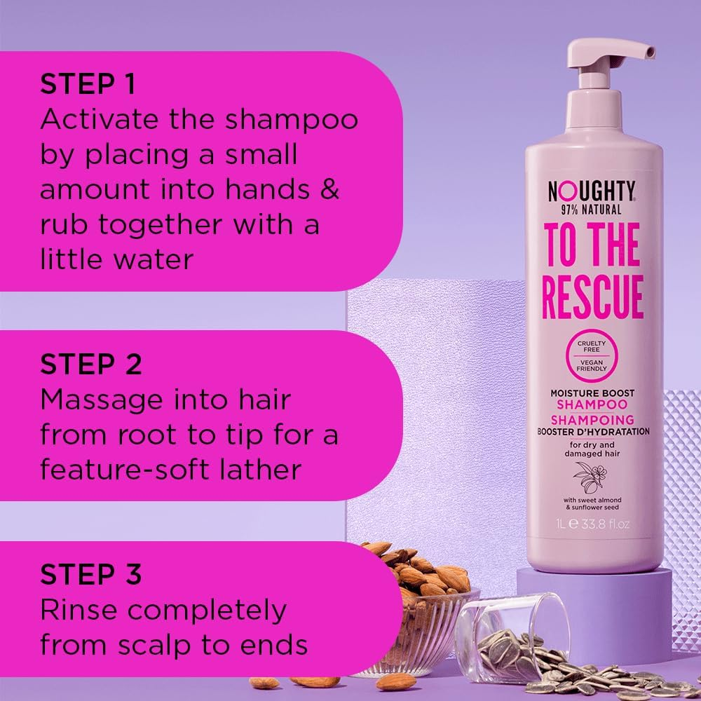 Noughty 97% Natural to the Rescue Moisture Boost Shampoo, 97% Natural Sulphate Free Vegan Haircare, Hydrating Formula for Dry and Damaged Hair, with Sweet Almond and Sunflower Seed 1L
