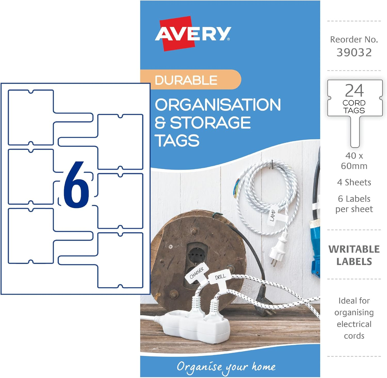 Avery Durable Organisation & Storage Tags - Organisation Stickers - Home Storage & Organisation - White, 40 X 60 Mm, 24 Labels / 4 Sheets (39032) image number 3
