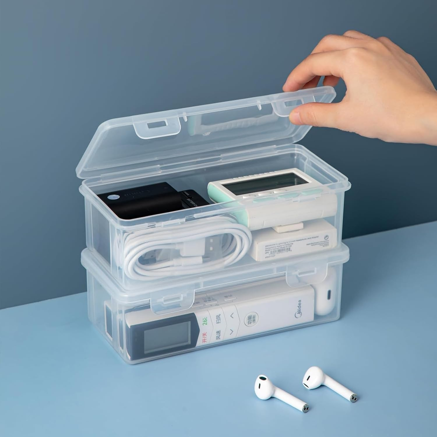 4 Pcs Plastic Large Storage Containers with Lid for Office Supplies, Pencil Box, Art Supplies, Makeup, Crafts and and Charger Cable Cord image number 1