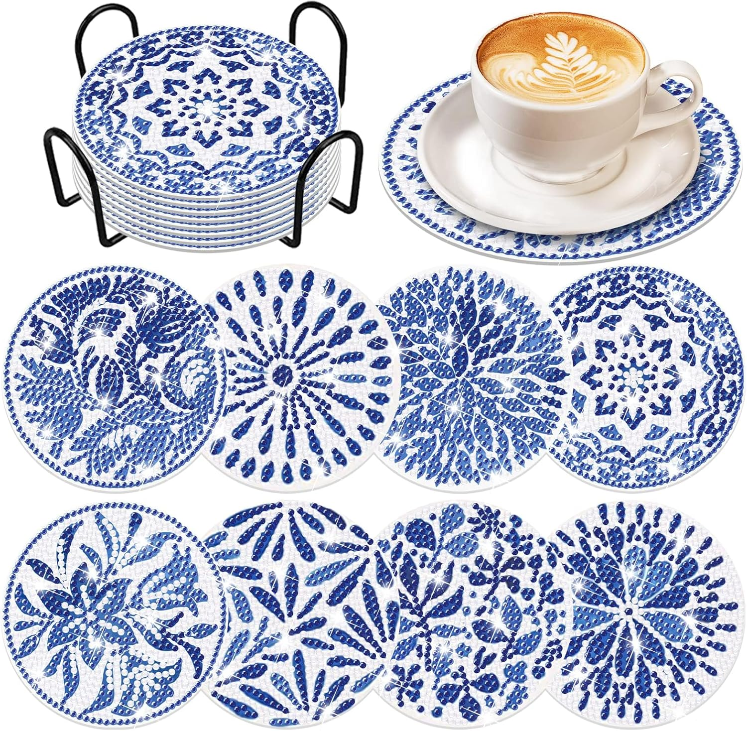 8 PCS Diamond Painting Coasters Kit with Holder - Blue Watercolor Indigo DIY Art Coasters for Beginners, Adults, Kids - Crafts Supplies