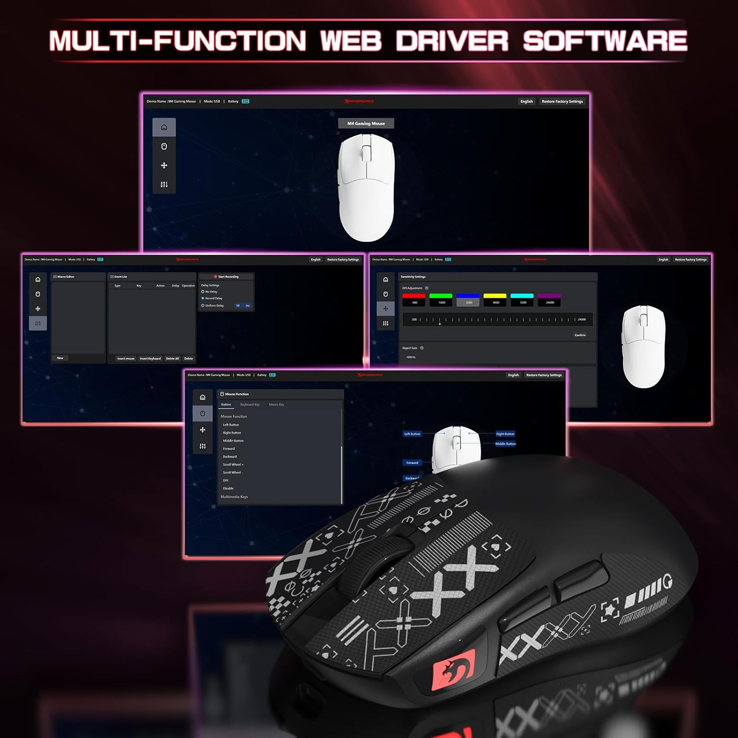 MAMBASNAKE M4 Ultra-Light Wireless Gaming Mouse, 53G, PAW3311 Sensor, 24000 Dpi, Bluetooth/2.4G/Cable, RGB Lighting, 400Mah Battery, 20M Clicks, for Gaming/Work &ndash; White and Stickers (Black) image number 3