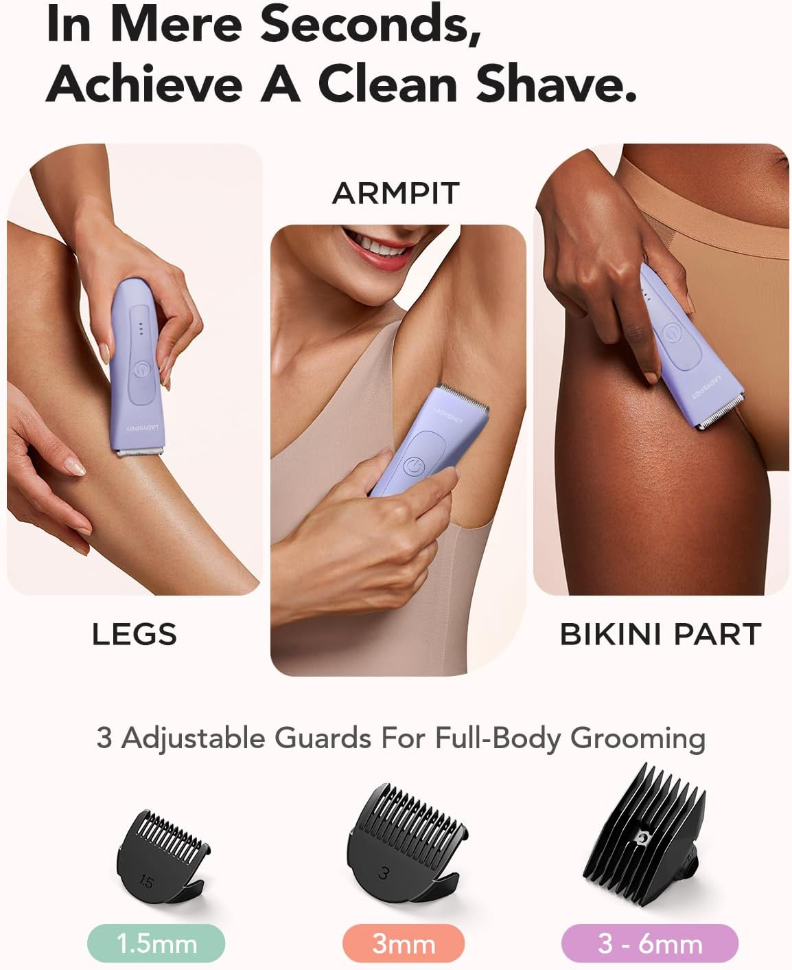 Bikini Trimmer for Women, LADYSPOT&trade; Lady Shavers for Women Rechargeable Bikini Shaver for Pubic Hair with 3 Guards and Hypoallergenic Ceramic Blade, Wet/Dry Lady Razors for Body, Legs, Bikini