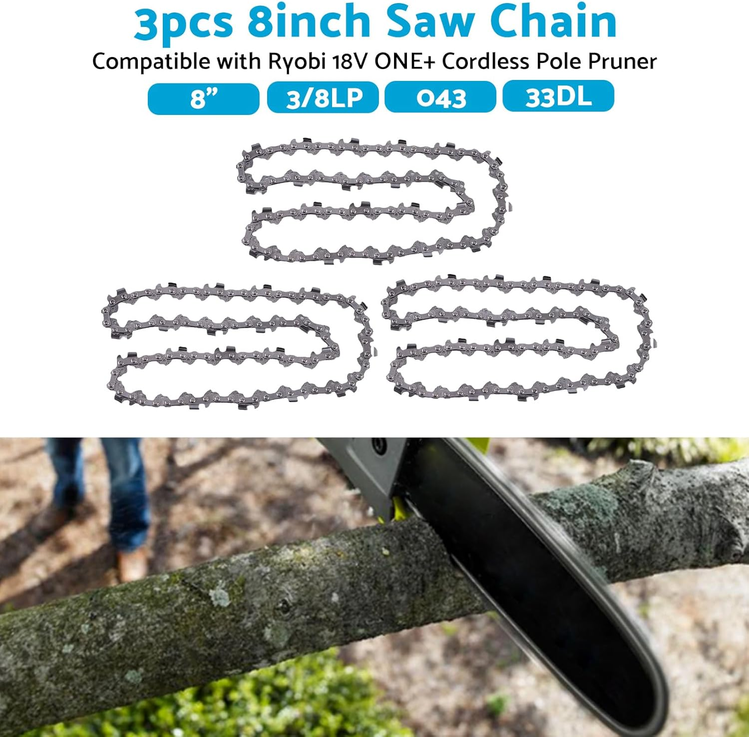 ALL in RED BOX 3PCS 8" Chainsaw Chain Suitable for Ryobi 18V ONE+ Cordless Pole Pruner OPP1850 OPP1820 Chain Saw Accessories image number 5