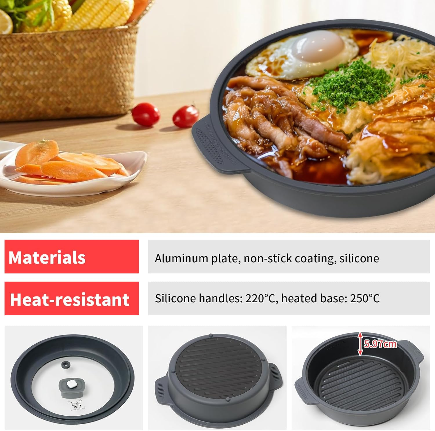 GLOU-GLOU GOOSE GGG Microwave Grill Pan, 8-In-1, Fry Griddle Crisper Pan with Lid, Microwave Silicone Cookware, for Grilling Browning and Crisping Foods, Time-Saving, Easy, Safe, round （Red） - Light Grey image number 6