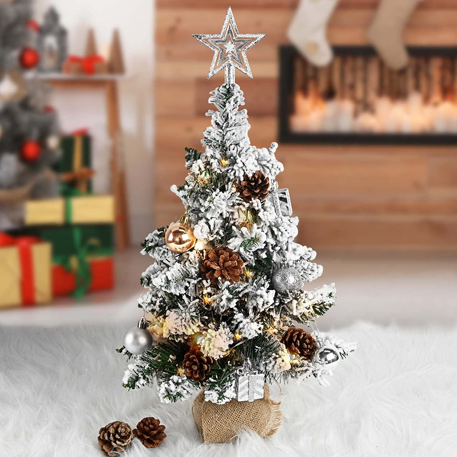 24 Inch 2FT Snowy Mini Christmas Tree, Small Tabletop Flocked Tree with LED Lights, Pine Cones, Balls, Star Tree Topper, Mini Gift Box and Cloth Bag Base, Xmas Decorations (Mini Christmas Tree) image number 4